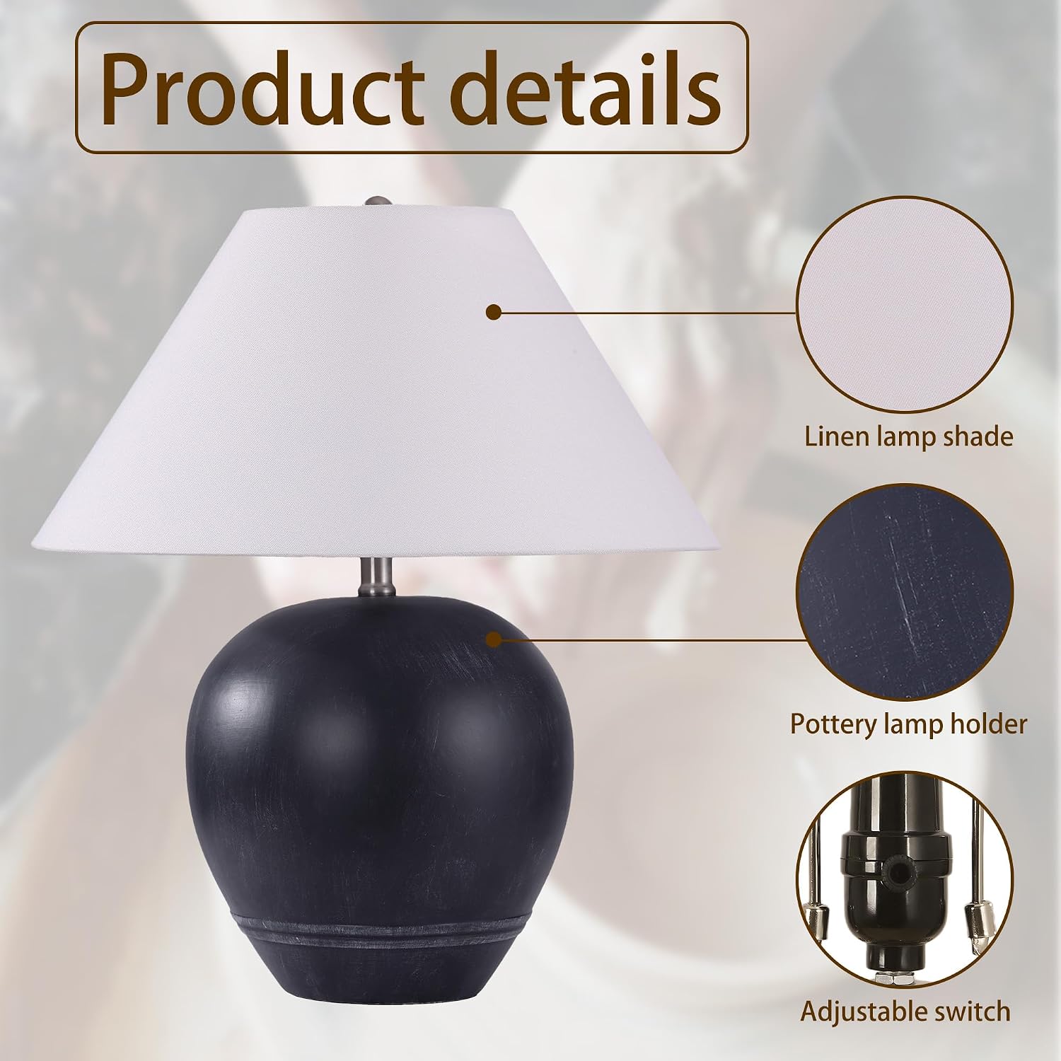 Farmhouse Ceramic Table Lamp Set of 2, 21' Rustic Table Lamp with Linen Shade, 3-Way Dimmable Bedside Nightstand Lamps for Bedroom, Living Room, E26 Socket, Black