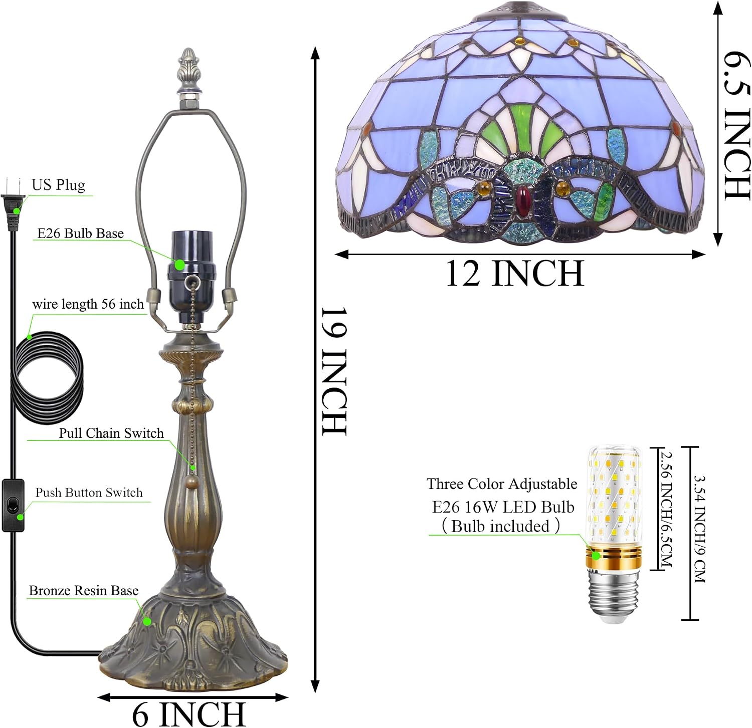 Tiffany Lamp Stained Glass Table Lamp Antique Bedside Reading Light W12H19 Inches (Baroque)