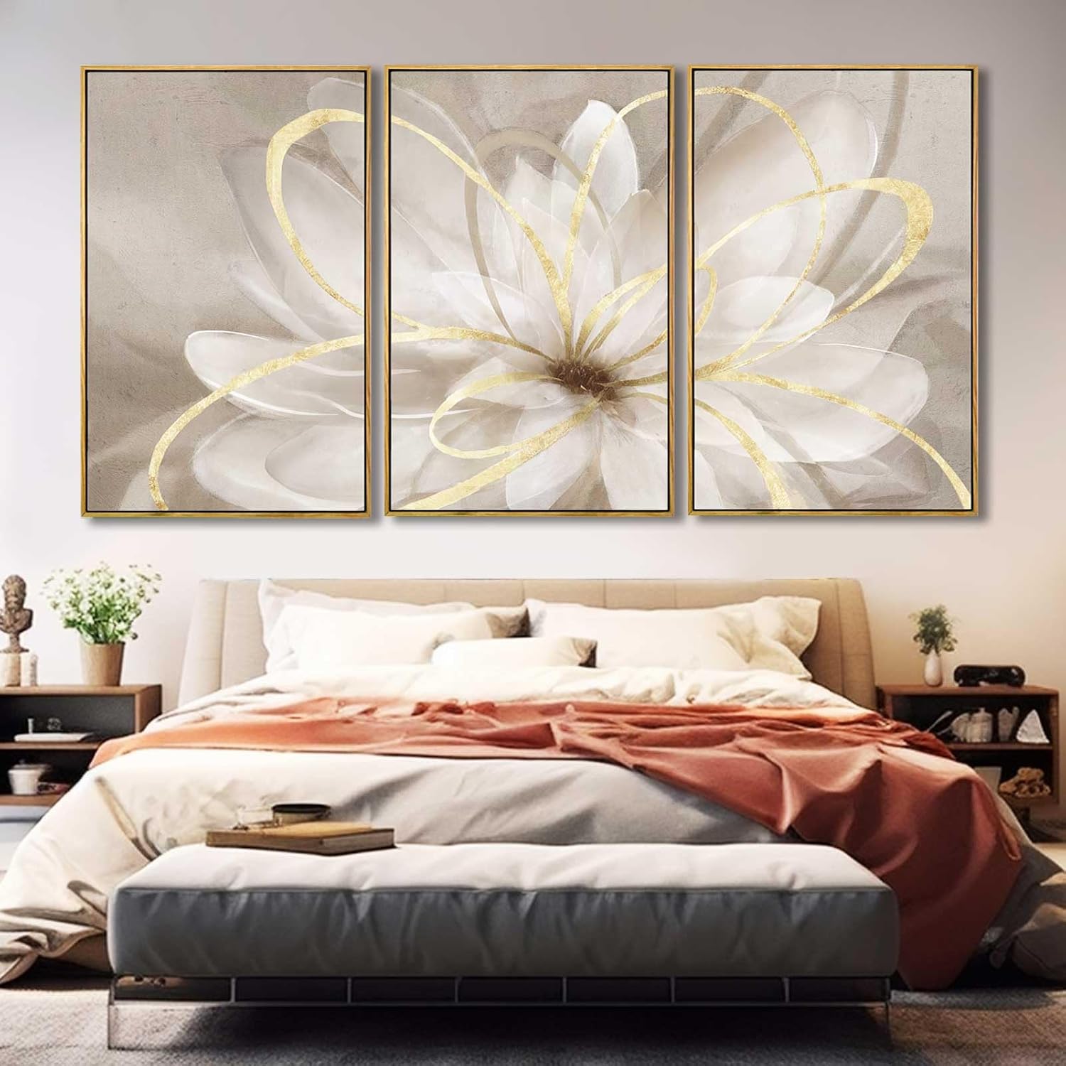 SOUGUAN Living Room Decor White Flower Artwork Gold Canvas Wall Art Abstract Line Painting for Bedroom Kitchen Dining Room Home Wall Decor 26'x40'x 3 Pieces