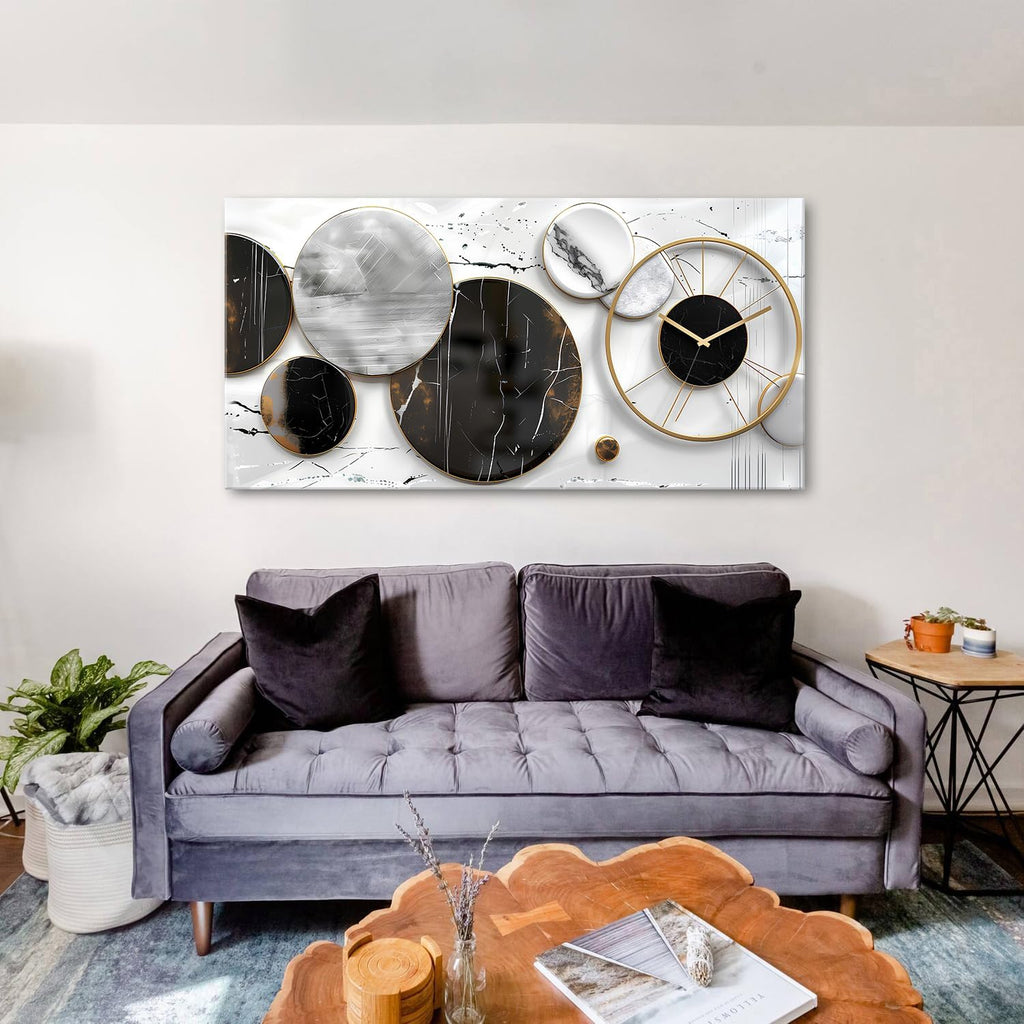 Modern Abstract Canvas Wall Art for Living Room Home Office Decor Black and White Gray Picture for Wall Decor Geometric Texture Marble Painting Clocks Prints Poster Artwork Decorations 30x60'