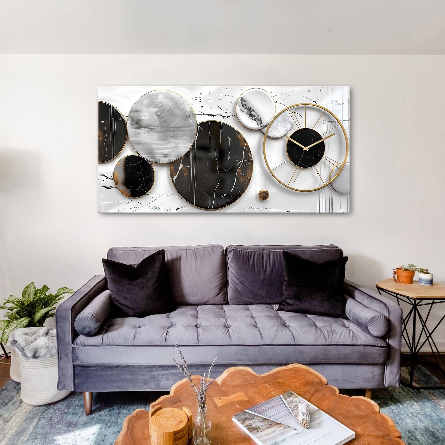 Modern Abstract Canvas Wall Art for Living Room Home Office Decor Black and White Gray Picture for Wall Decor Geometric Texture Marble Painting Clocks Prints Poster Artwork Decorations 30x60'