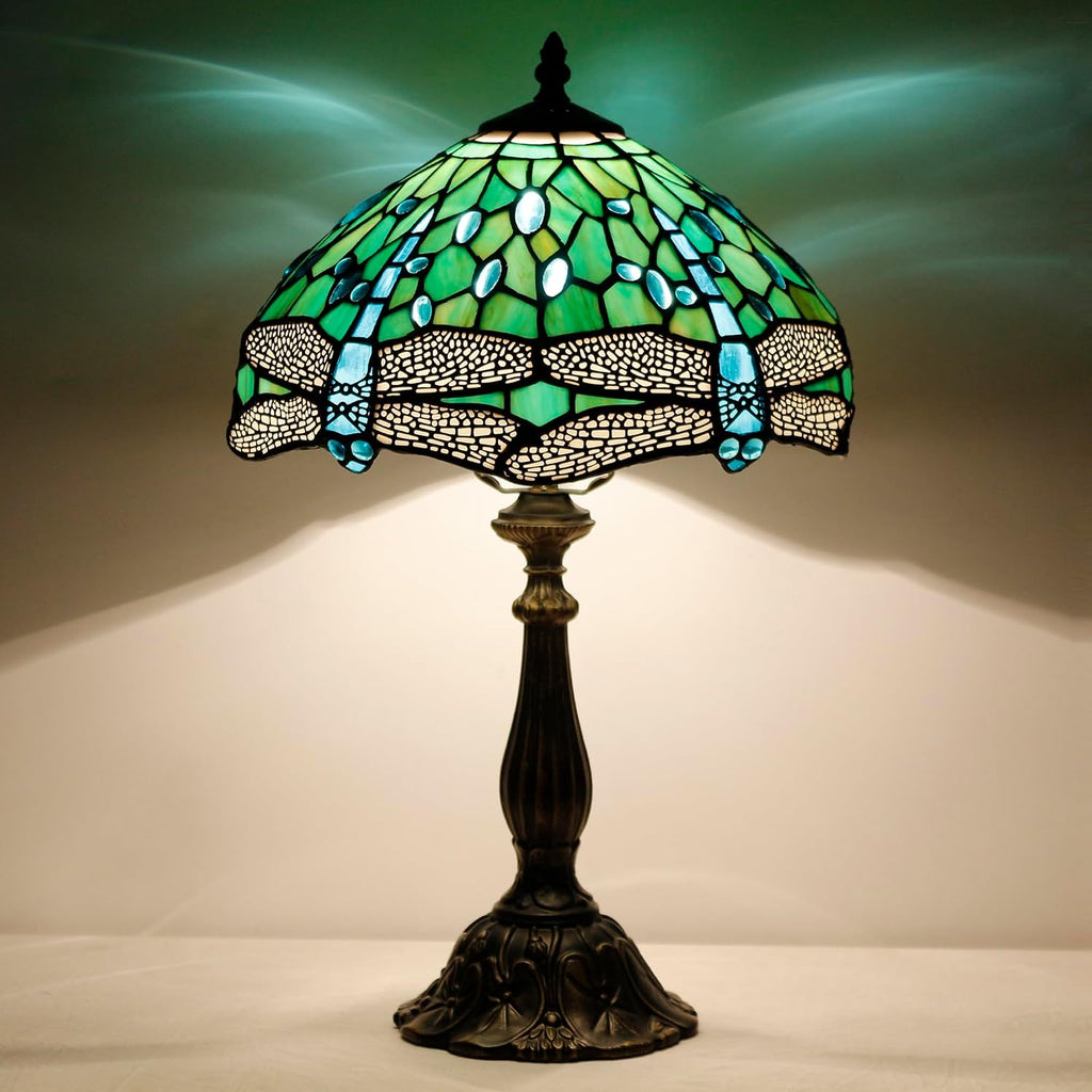 Tiffany Lamp Touch Control Table Lamp Green Stained Glass Desk Lamp 12X12X19 Inches Dragonfly Style Reading Light