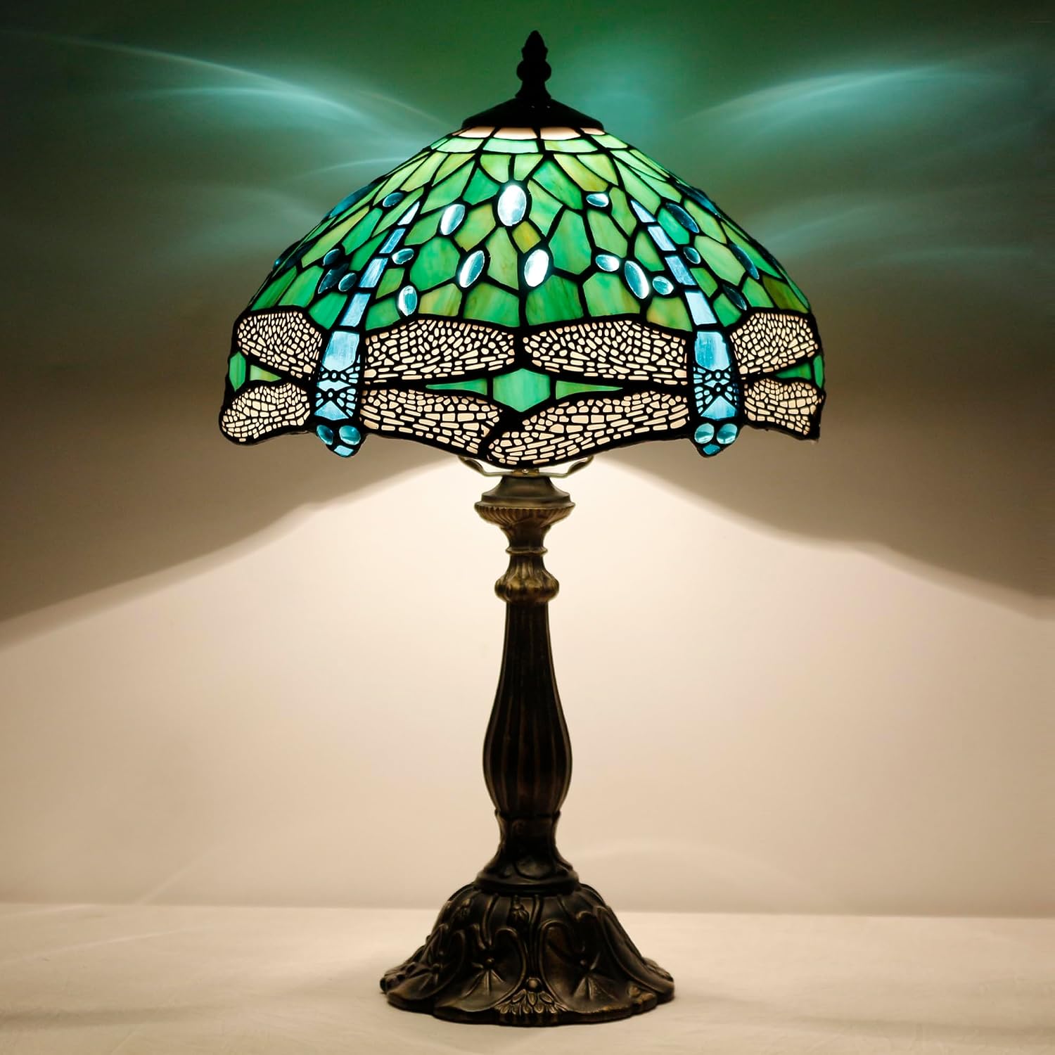 Tiffany Lamp Touch Control Table Lamp Green Stained Glass Desk Lamp 12X12X19 Inches Dragonfly Style Reading Light