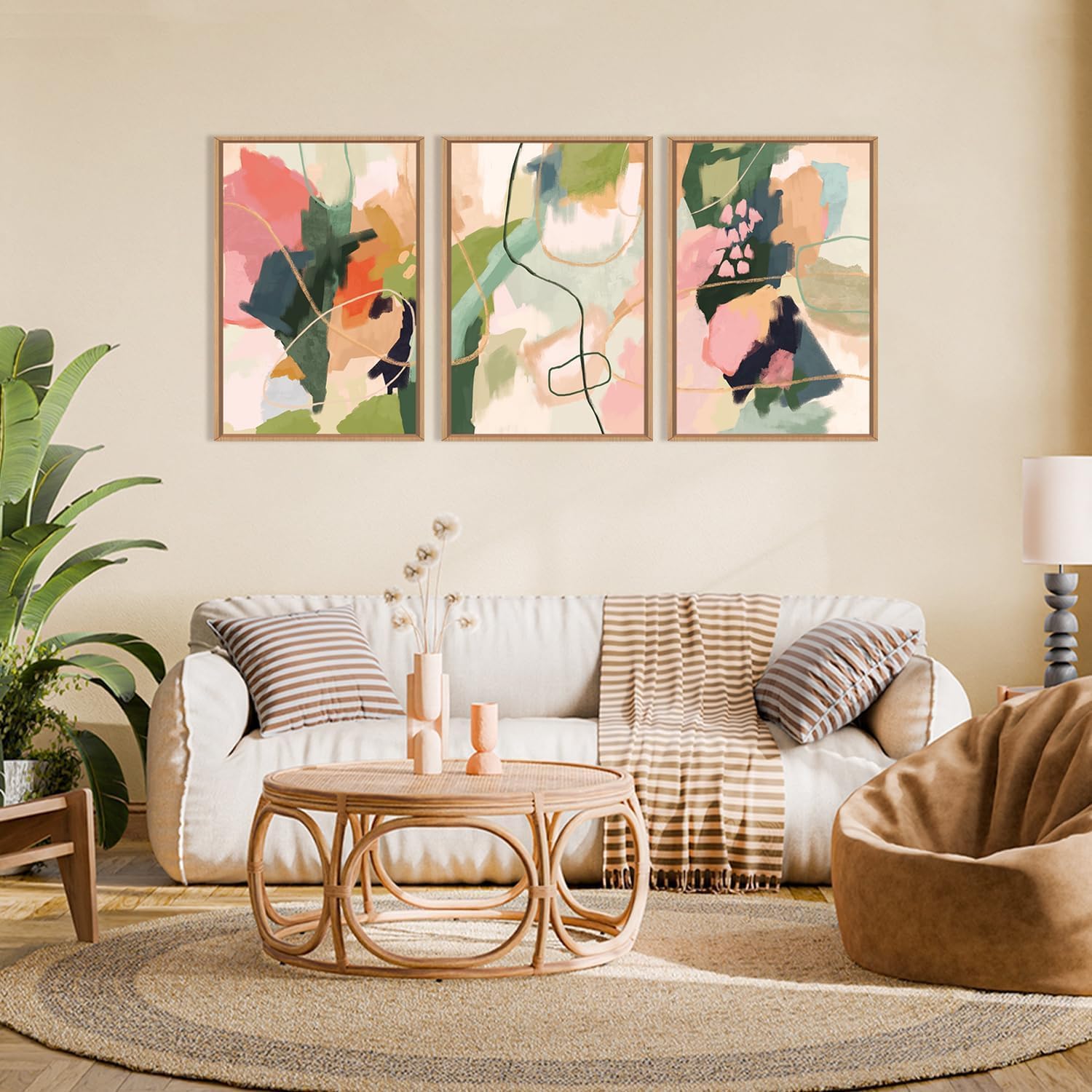 Colorful Abstract Framed Canvas Wall Art Set,Modern Multicolor Pastel Minimalist Line Wall Decor,Boho Green and Pink Painting for Living Room,Bedroom-24 x36 x3