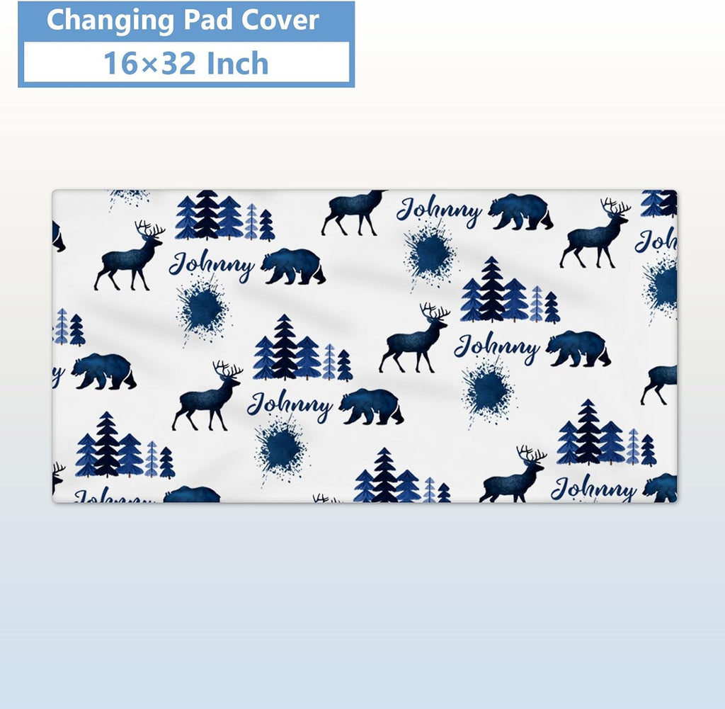 KAINSY Custom 5-Piece Baby Crib Bedding Set, Personalized Name for Toddlers, Blue Deer Nursery Set for Boy Girl, Double Layer Infant Crib Set, Customized Gifts