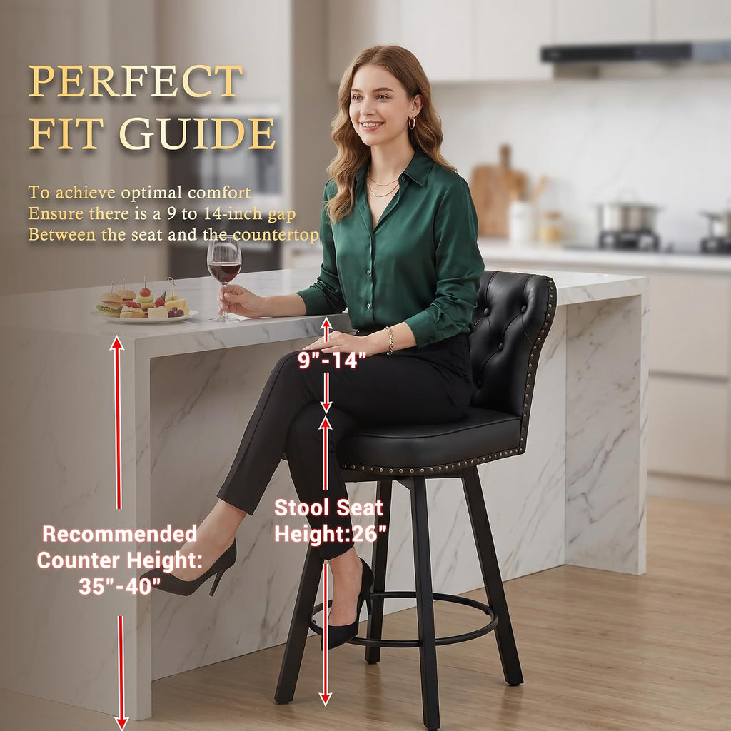 Counter Height Bar Stools Set of 6, 26' Mid-Century Swivel Bar Stool with Metal Base for Kitchen Island, Rivet Armless Faux PU Leather Barstool with High Back and Large Thick Cushion, Black