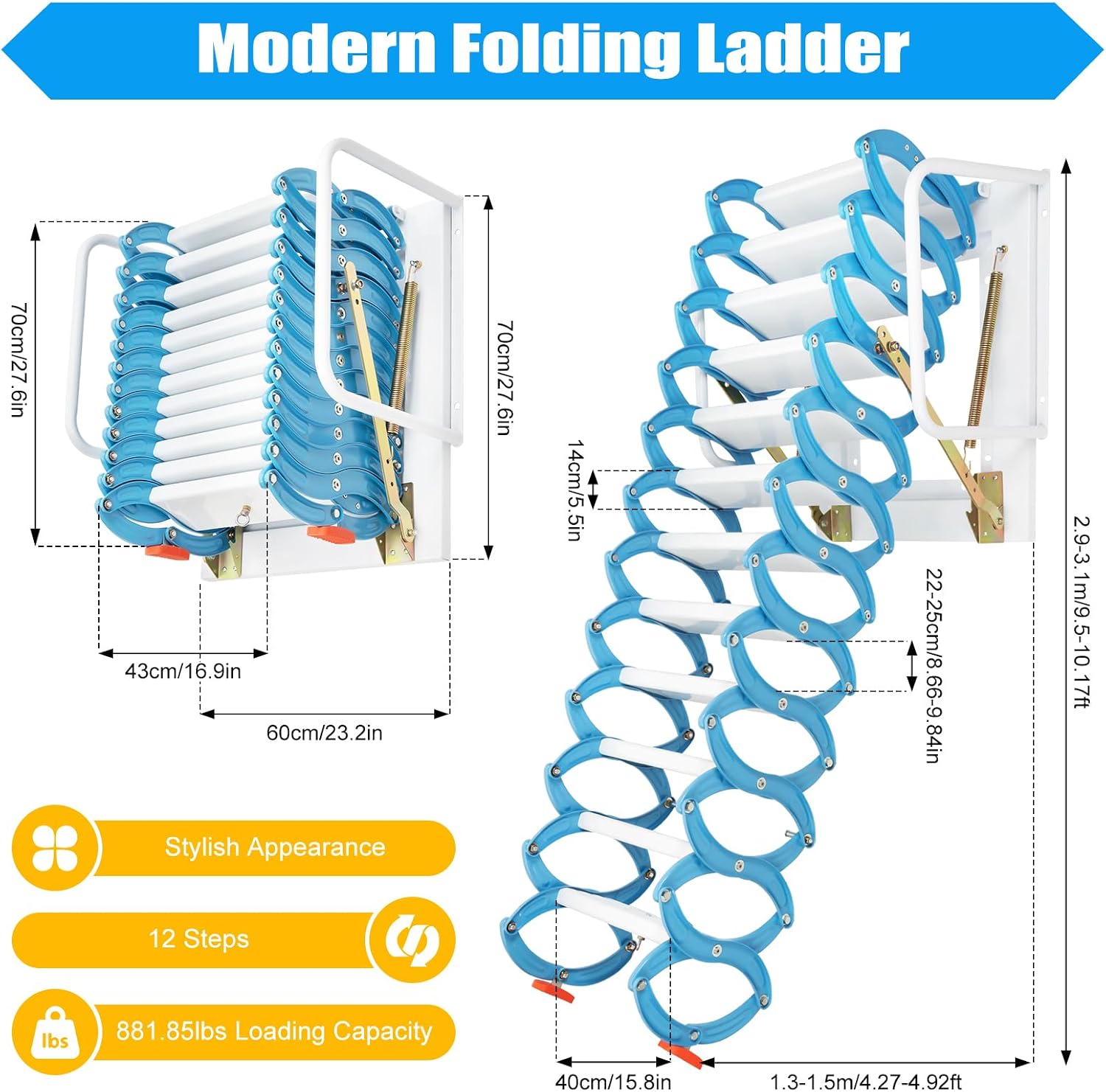 12 Steps Attic Ladder, Wall Mounted Pull Down Loft Steps Folding Stairs, 9.5-10.1Ft Height Aluminum Alloy Narrow Attic Extension Ladder w/Armrests for Basements Warehouses (12, Blue)