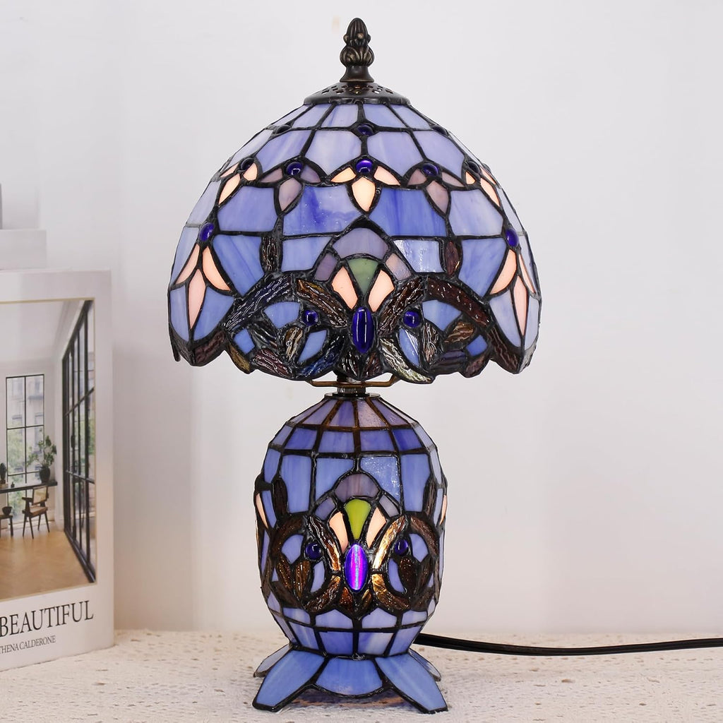 Small Tiffany Lamp Stained Glass Table Lamp Mini Mother Daughter Vase Desk Accent Light for Bedroom Bedside Reading Home Antique Style Decor 8X14 Inches (Blue Baroque)