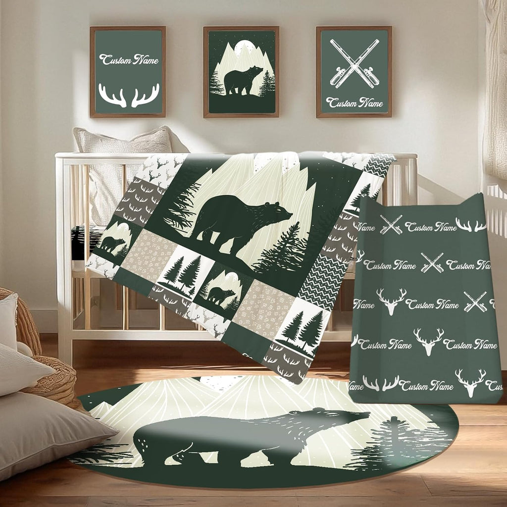 Personalized Baby Crib Bedding Set, Custom Name Nursery Bedding, Polar Bear 5 Pcs Baby Bedding Set for Girl Boy, Double Layer Crib Set, Custom Gifts(Fixed Size)