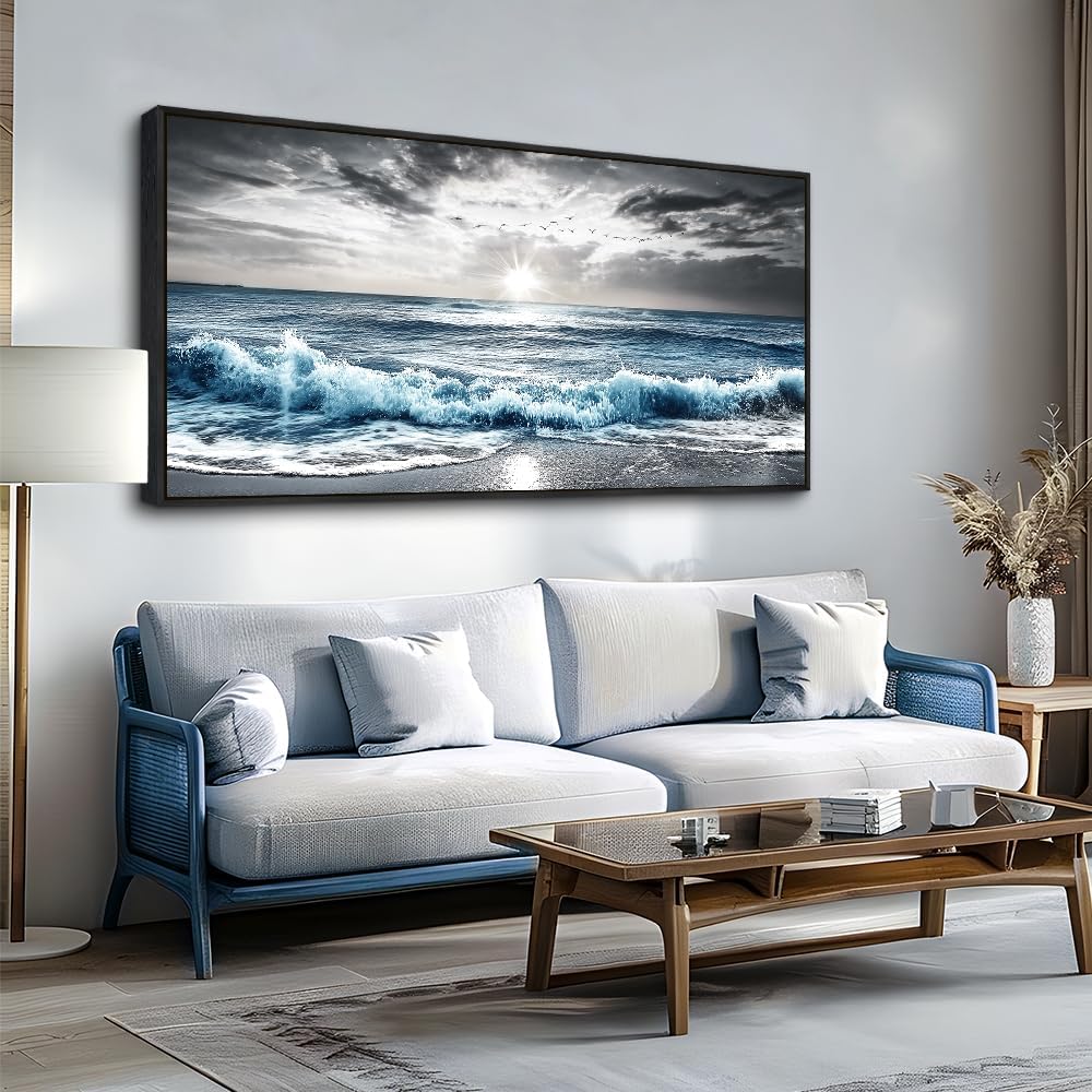 KELIYUAN Large Canvas Wall Decor For Living Room Wall Art For Bedroom Office Wall Decorations Black Frame Beach Wave Scenery Pictures Artwork For Modern Stretched and Framed Beach Posters 24'X48'