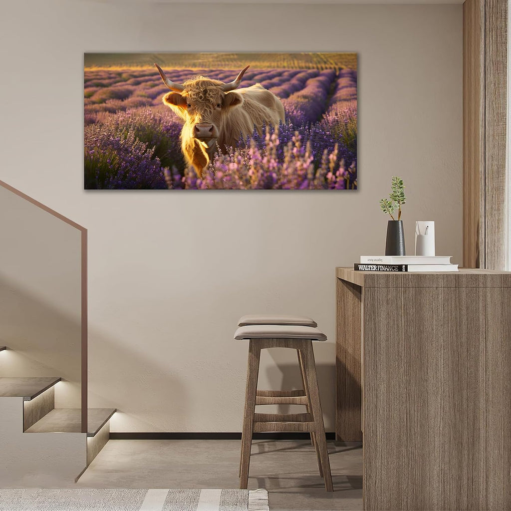 Large Highland Cow Wall Art Lavender Cow Pictures Wall Decor Country Landscape Cattle Canvas Painting Print Home Modern Artwork Decorations Framed for Bathroom Living Room Bedroom Office 60 x 30 inch