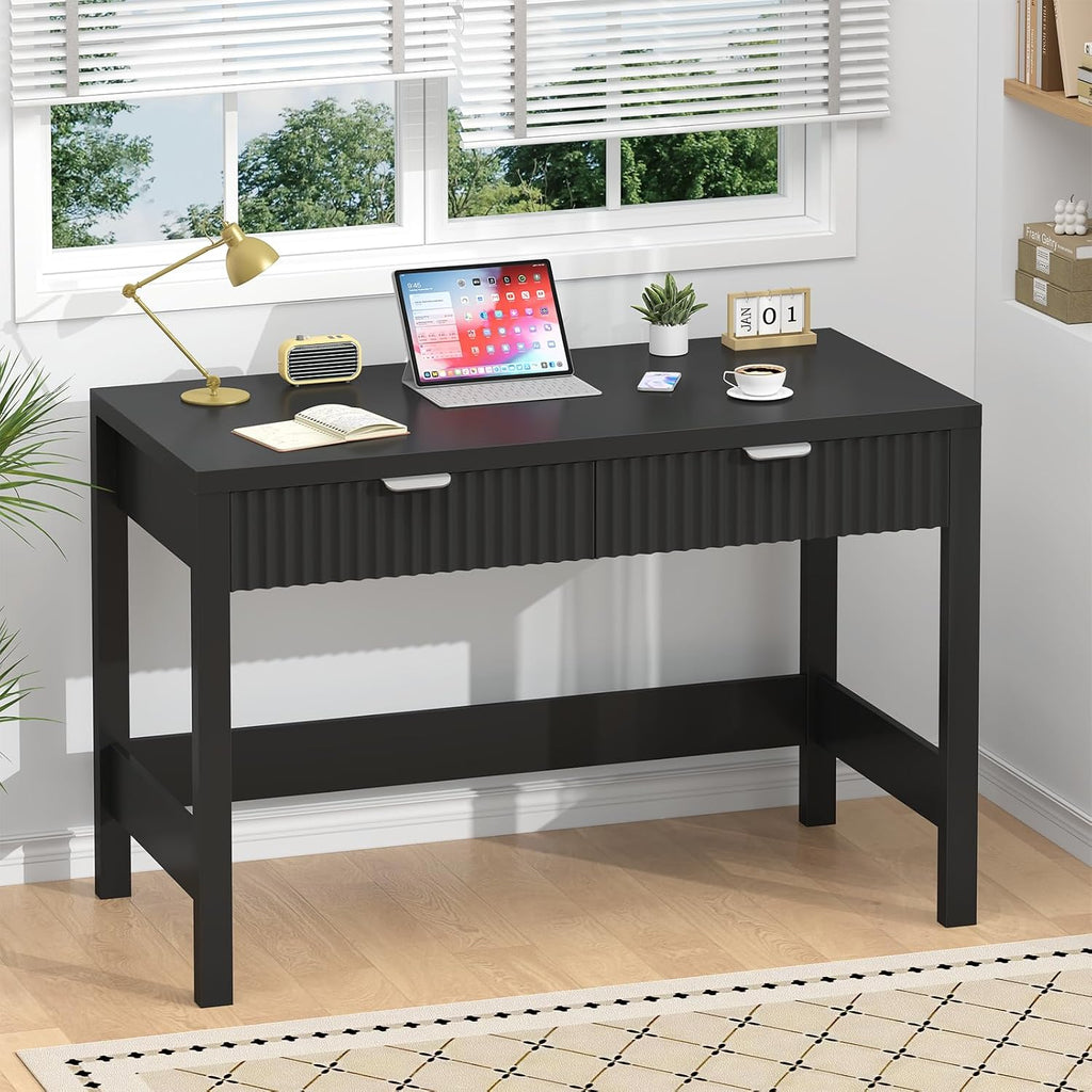 YOMILUVE Fluted Computer Desk with 2 Drawers, 39 Inch Small Computer Desk with Storage, Compact Writing Study Desk for Small Spaces, Black