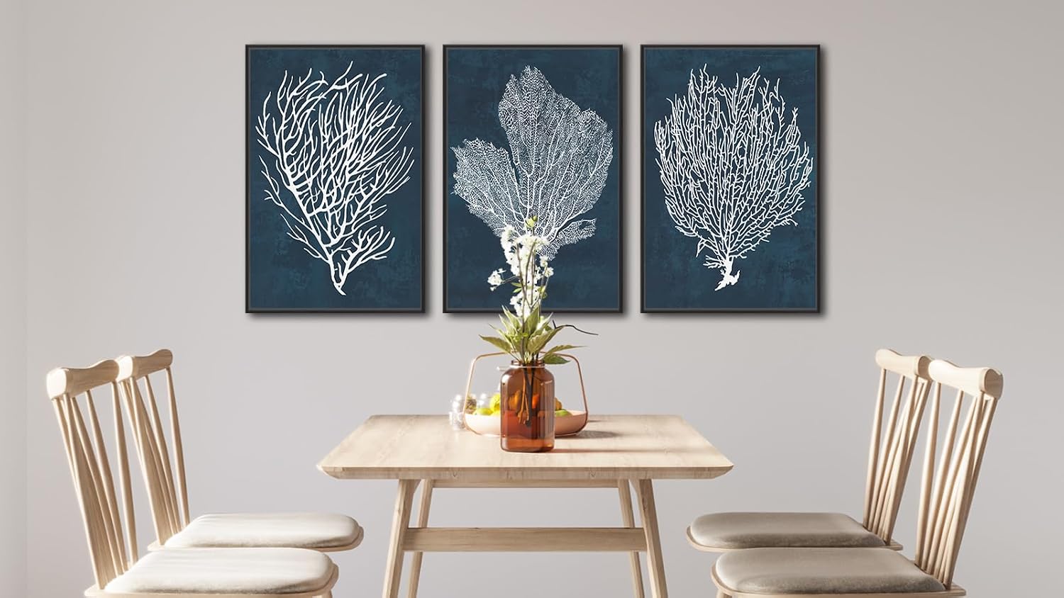 Large Framed Coral Wall Art - Navy Blue Coastal Wall Decor Painting 32'x48' Set of 3 Minimalist Beach Wall Art Prints Rustic Ocean Coral Canvas Pictures for Living Room Bedroom Office Artwork