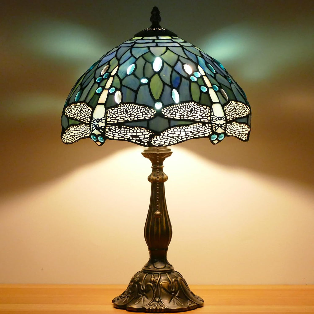 Tiffany Lamp Stained Glass Table Lamp Antique Bedside Reading Light W12H19 Inches (Sea Blue Dragonfly)