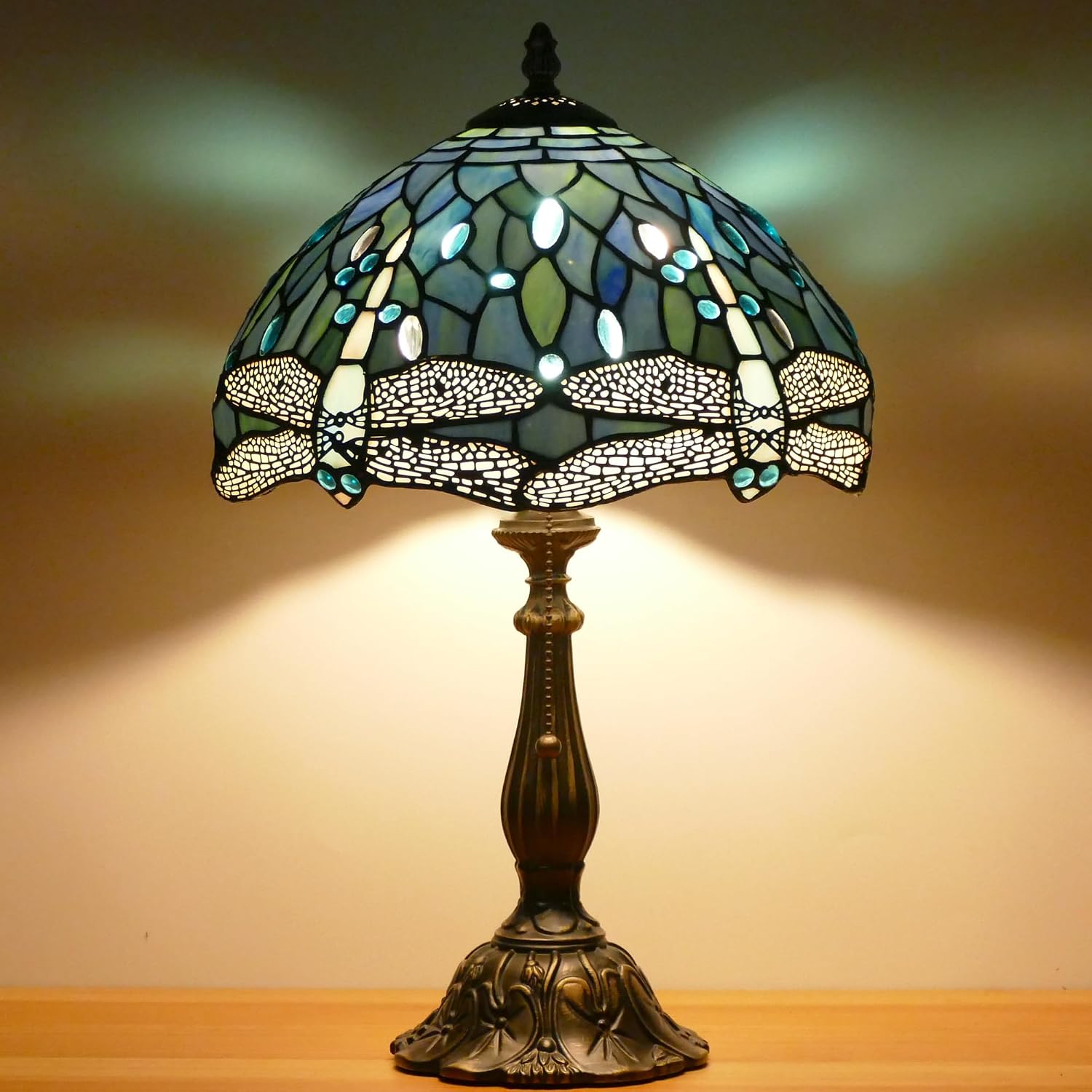 Tiffany Lamp Stained Glass Table Lamp Antique Bedside Reading Light W12H19 Inches (Sea Blue Dragonfly)