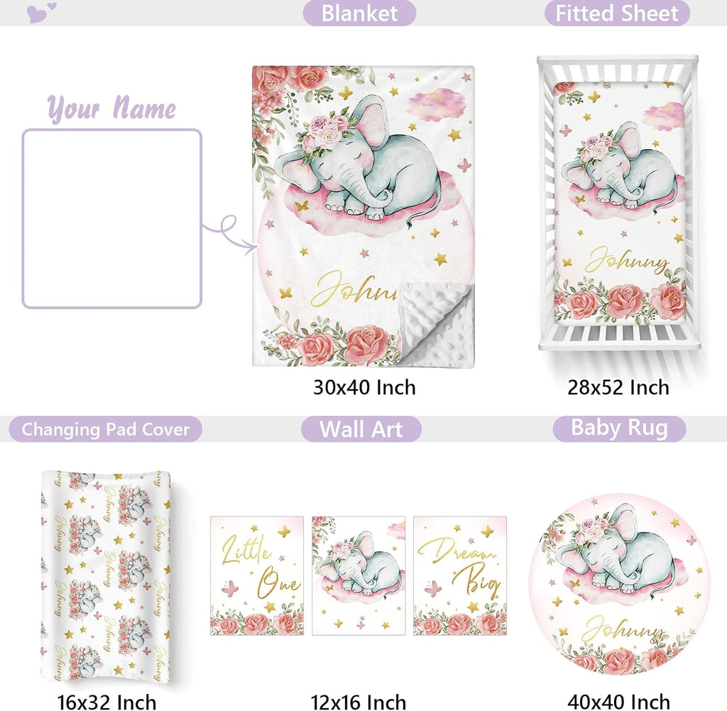Personalized Baby Crib Bedding Set, 5 Pcs Custom Name Nursery Bedding Set for Girls Boys, Pink Elephant Baby Crib Set for Toddlers Infants, Double Layer Bedding Crib Sets Customized Gifts