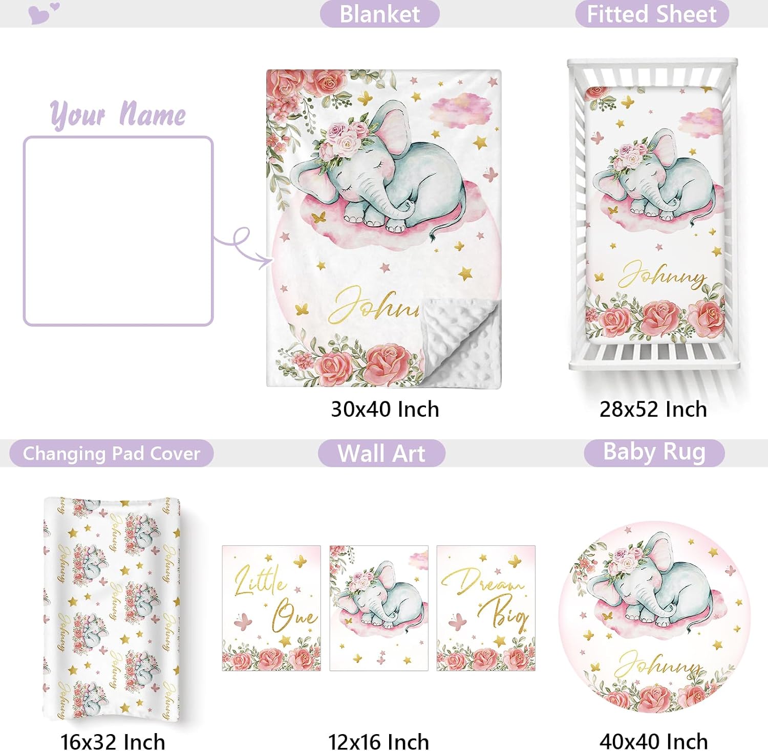 Personalized Baby Crib Bedding Set, 5 Pcs Custom Name Nursery Bedding Set for Girls Boys, Pink Elephant Baby Crib Set for Toddlers Infants, Double Layer Bedding Crib Sets Customized Gifts