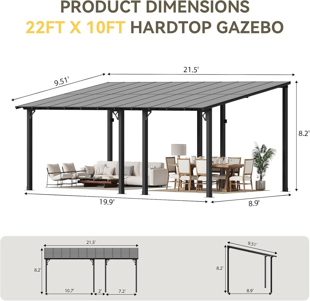 Aoxun 22' x 10' Pergola for Patio, Gazebo with Sloped Roof, Grill Pergola Large Wall-Mounted Heavy Duty Awnings, for Backyard, Deck, Patio