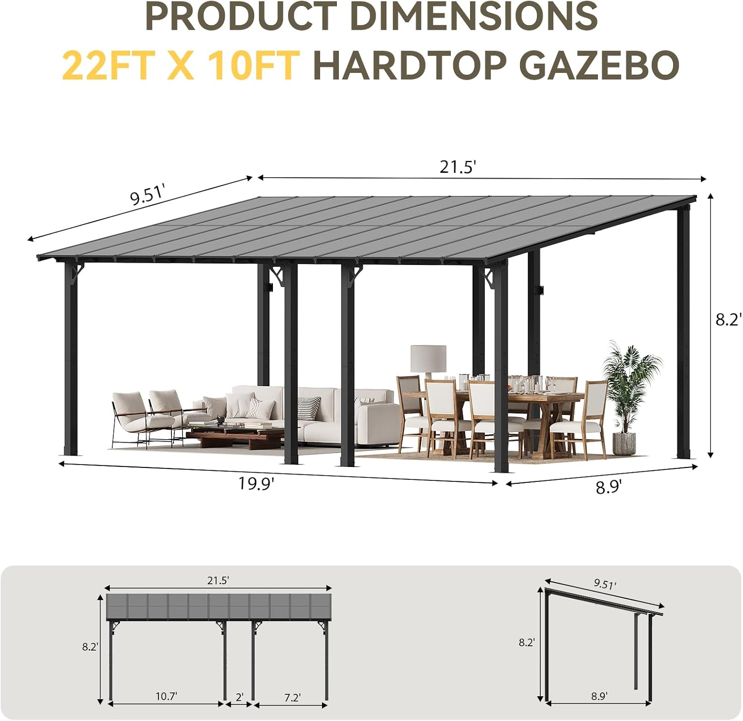 Aoxun 22' x 10' Pergola for Patio, Gazebo with Sloped Roof, Grill Pergola Large Wall-Mounted Heavy Duty Awnings, for Backyard, Deck, Patio