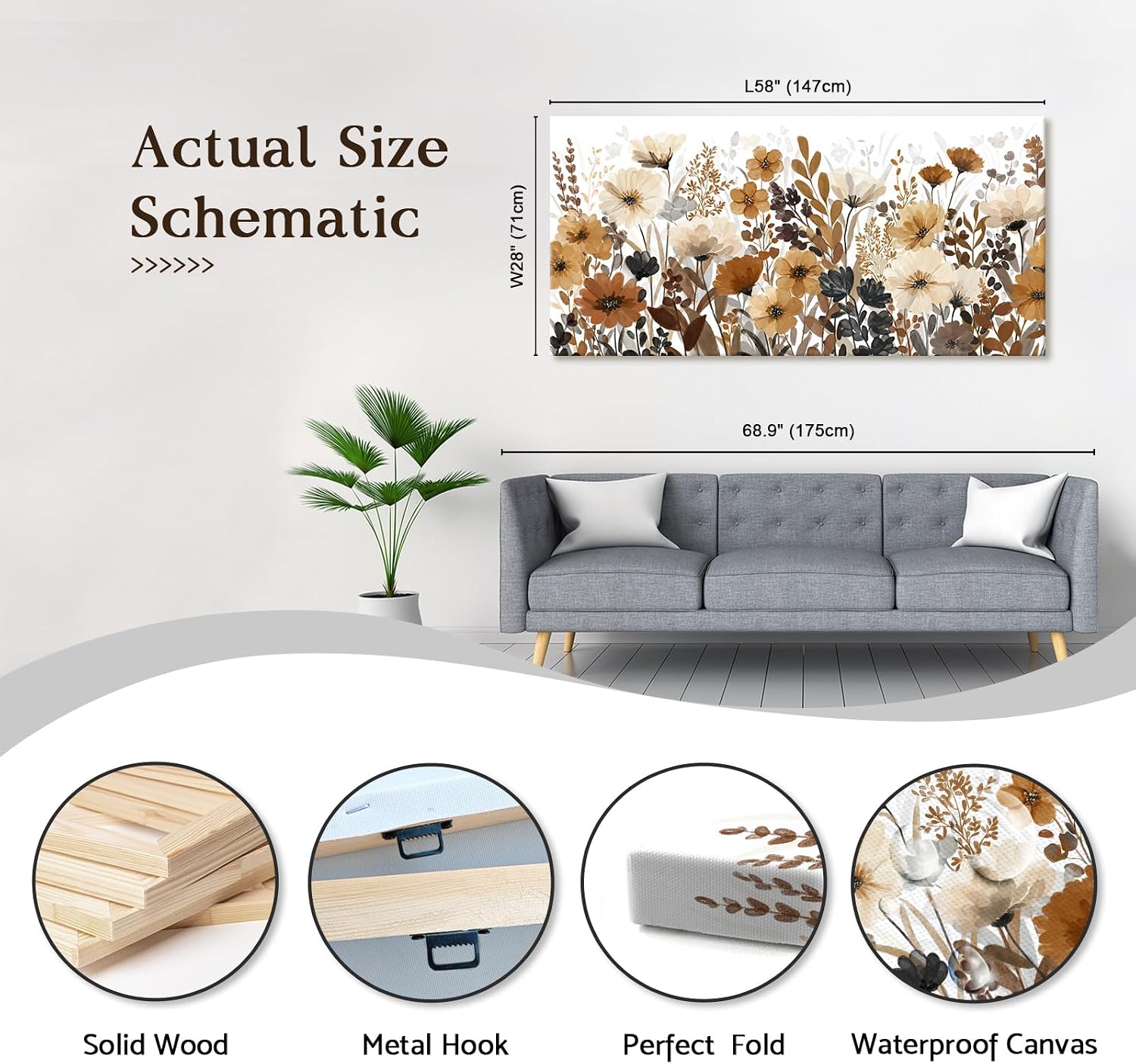 Watercolor Flower Wall Art Beige Brown Rustic Botanical Wildflower Picture Modern Country Aesthetic Painting Wall Decor Floral Landscape Canvas Prints Artwork for Bedroom Living Room Farmhouse 28'x58'