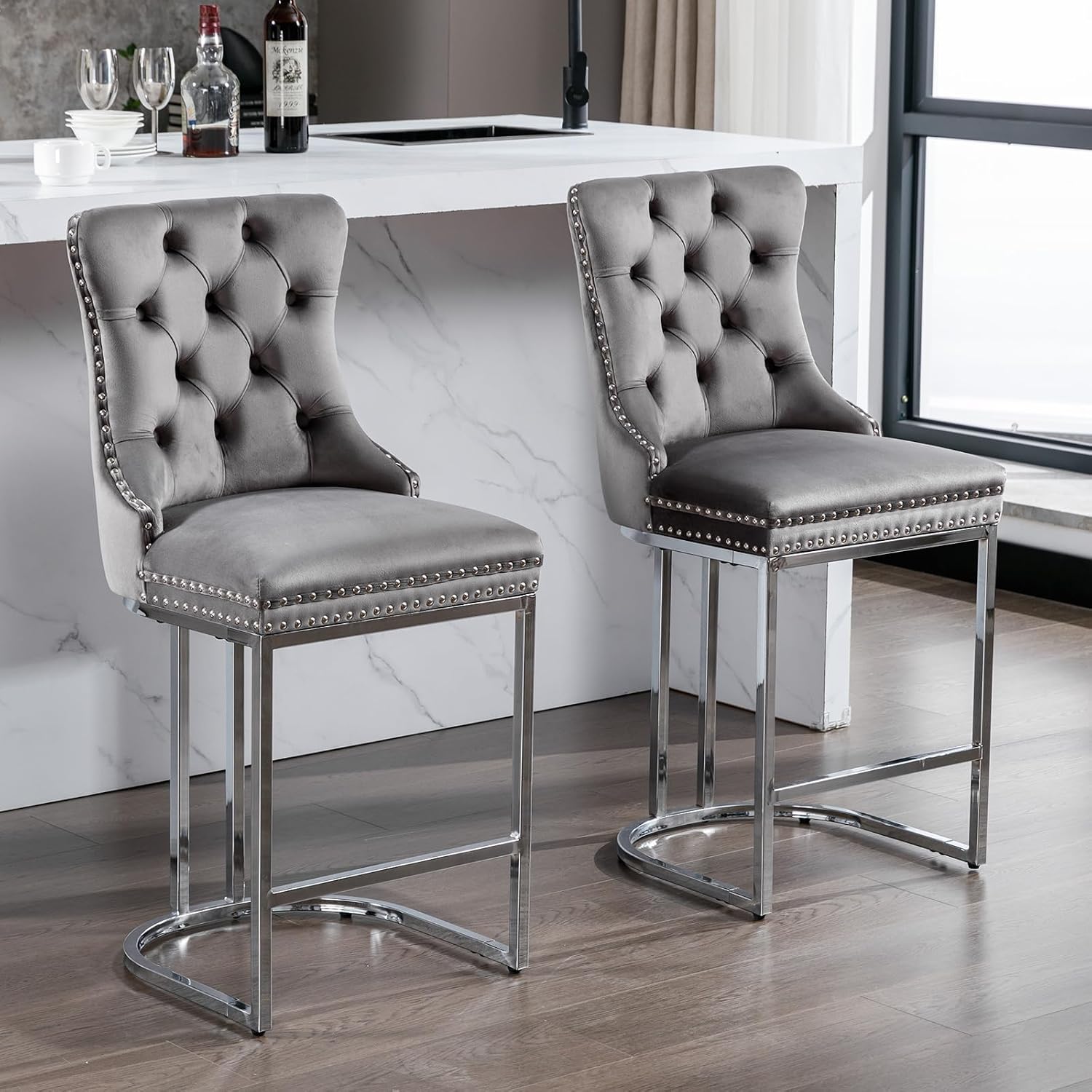 25' Counter Height Bar Stools Set of 6, Velvet Counter Stools for Kitchen Island, Tufted High Chair with Backs, Fabric Upholstered Modern Barstools for Pub Cafe, Chromed Metal Legs (Gray, 6Pcs)