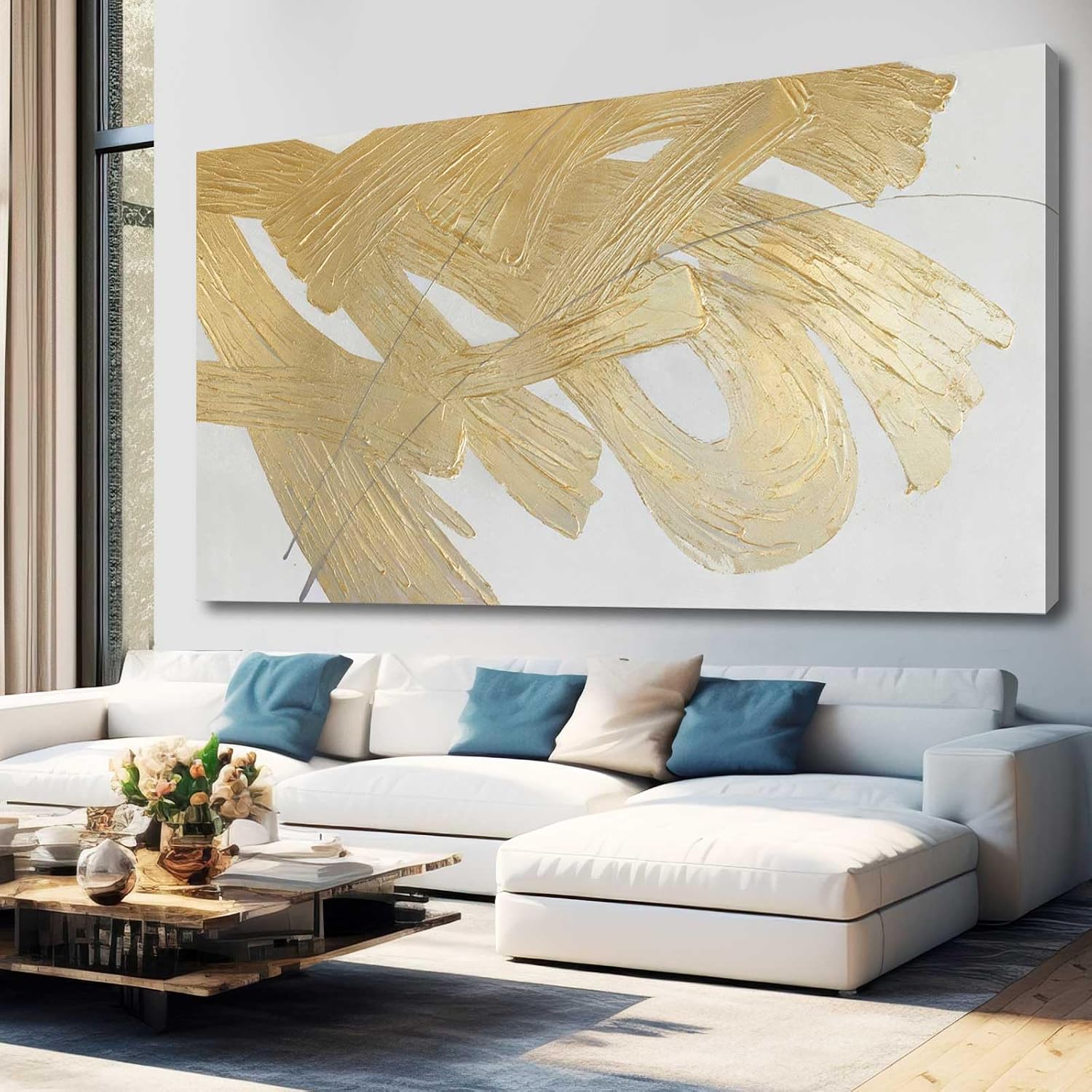 XIANSHOU Wall Decorations for Living Room Gold and White Abstract Canvas Art Oil Painting Large Minimalist Decor Wall Art for Office Bedroom Home 29'x 58'