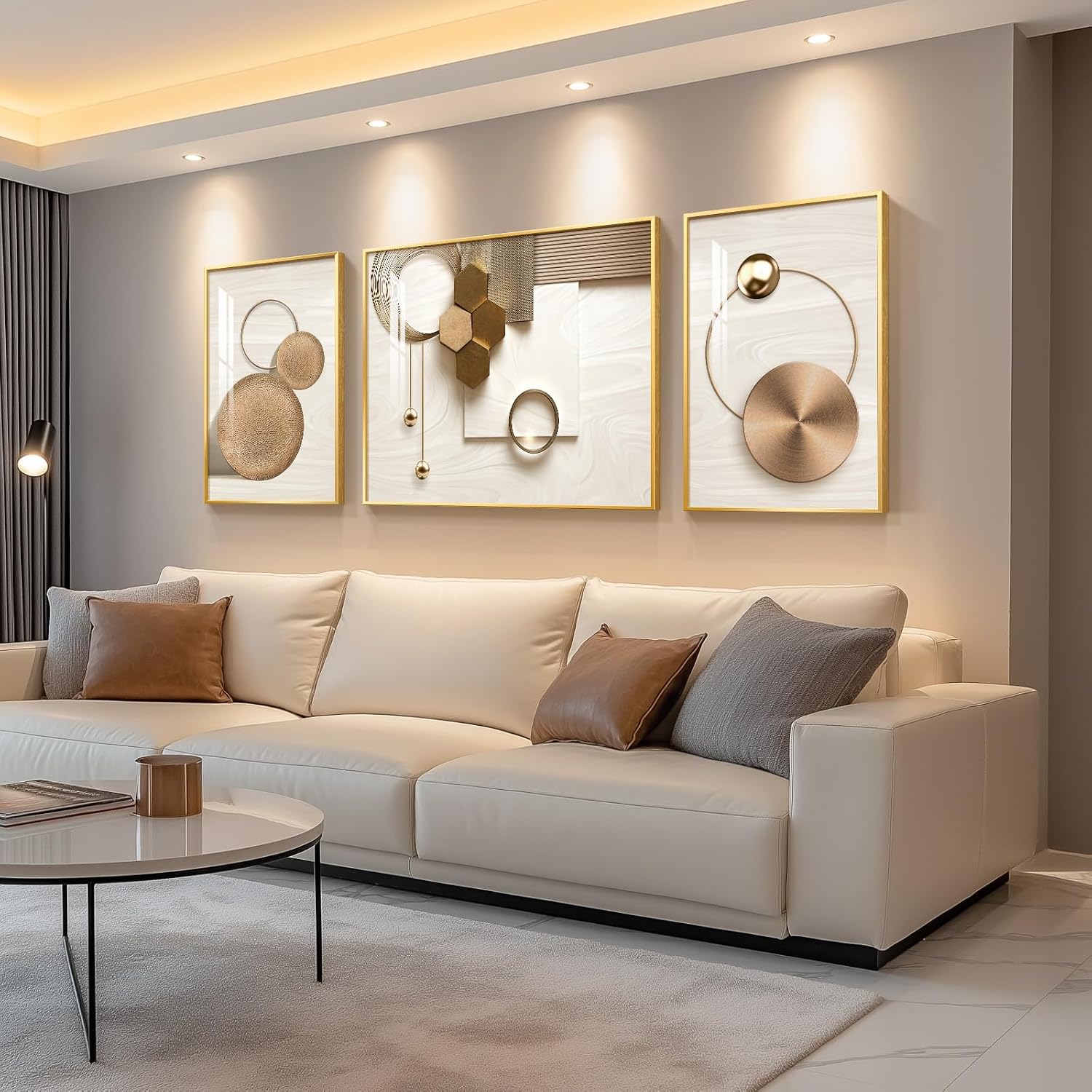 Extra Large Modern Luxury Gold Framed Wall Art for Living Room, 3 Piece Glam Bright Art Prints Paintings Artwork for Walls, Contemporary Bronze Geometric Pictures for Hallway Stair Office Wall Decor