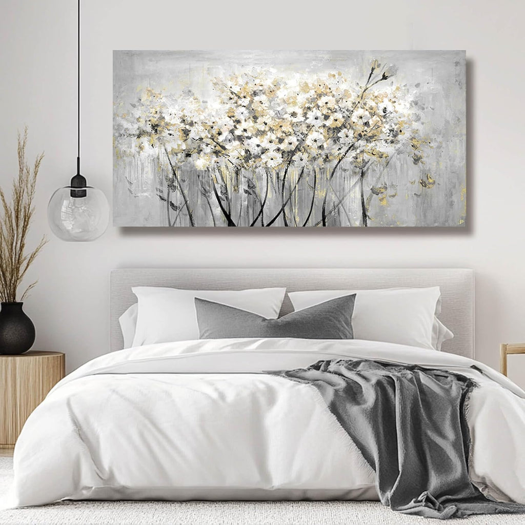 Flowers Canvas Wall Art White Paintings Grey Gold Contemporary Artwork Master Bedroom Wall Decor 29'x 58' Large Framed Art for Living Room Office Home Decor