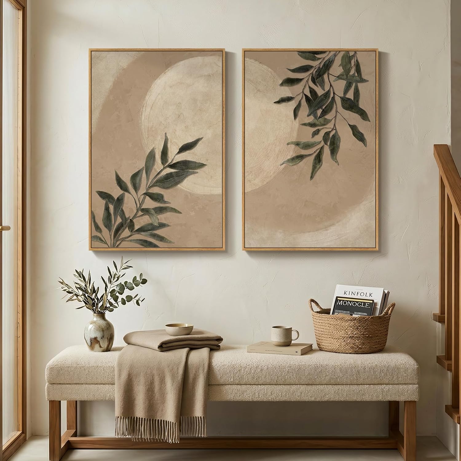 Large Framed Botanical Moon Wall Art for Living Room, Vintage Neutral Nature Canvas Painting Prints Set of 2, Rustic Farmhouse Minimalist Leaf Wall Decor for Bedroom Dining room Hallway, 24x36 Inch