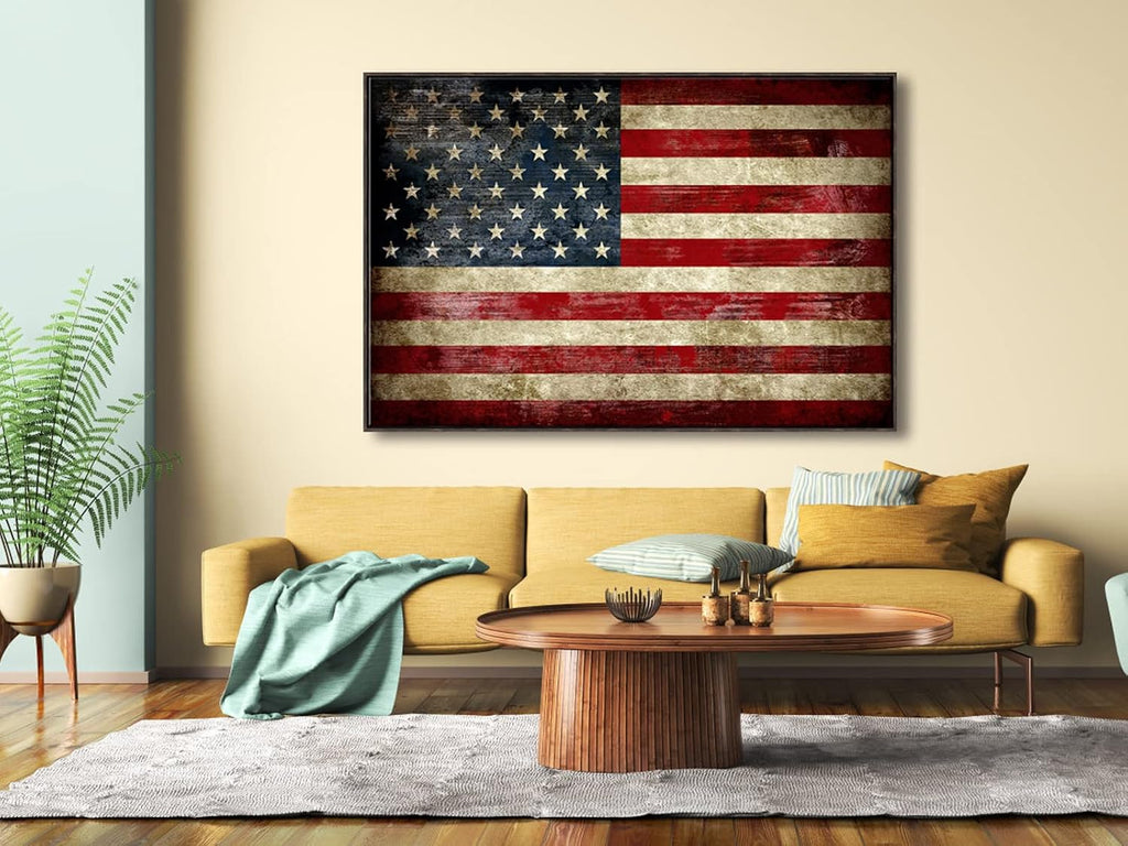 Pyradecor Walnut Framed Wall Art Extra Large Old Vintage American Flag Canvas Prints Abstract Pictures Paintings for Living Room Office Home Decorations