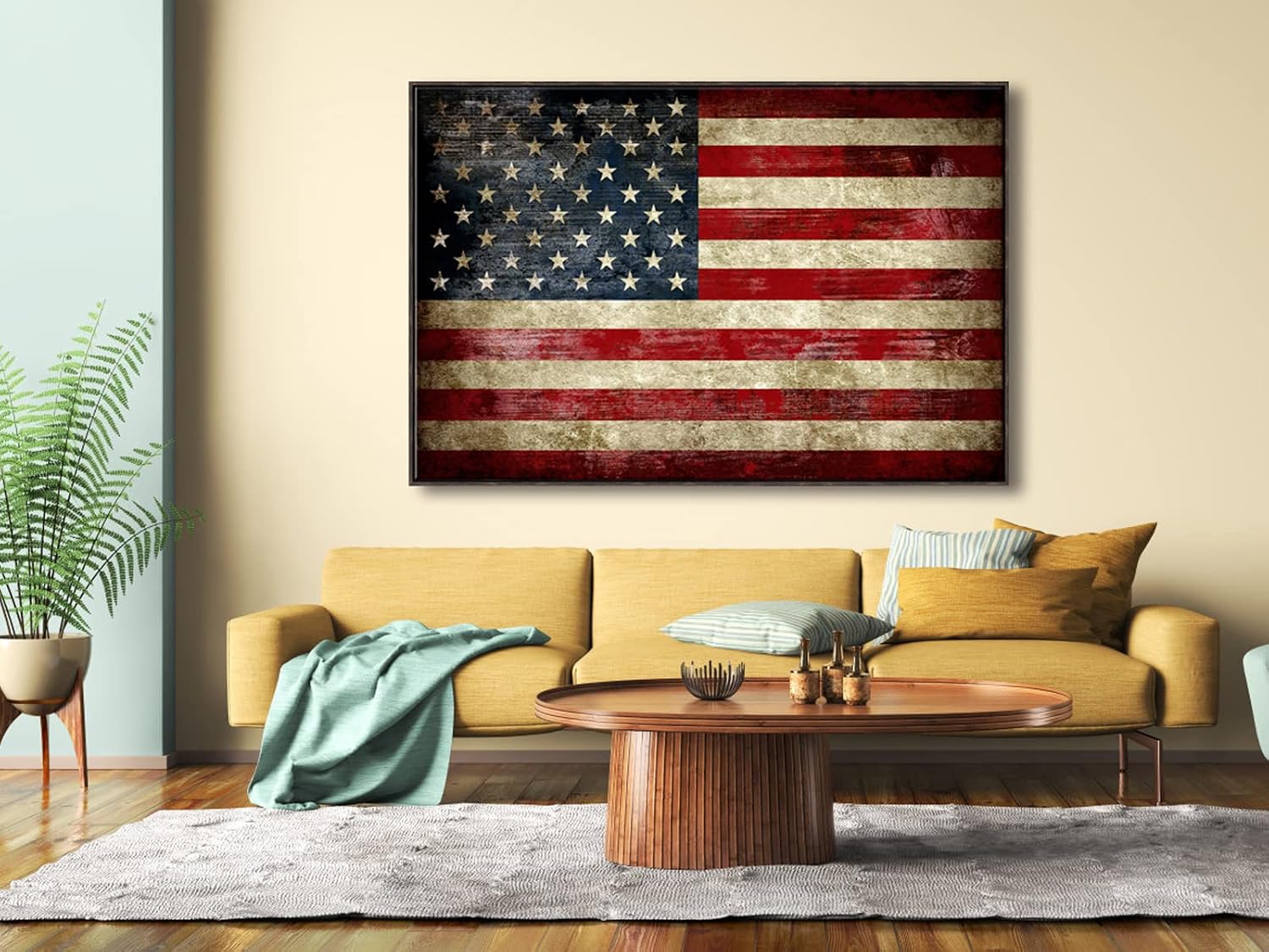 Pyradecor Walnut Framed Wall Art Extra Large Old Vintage American Flag Canvas Prints Abstract Pictures Paintings for Living Room Office Home Decorations
