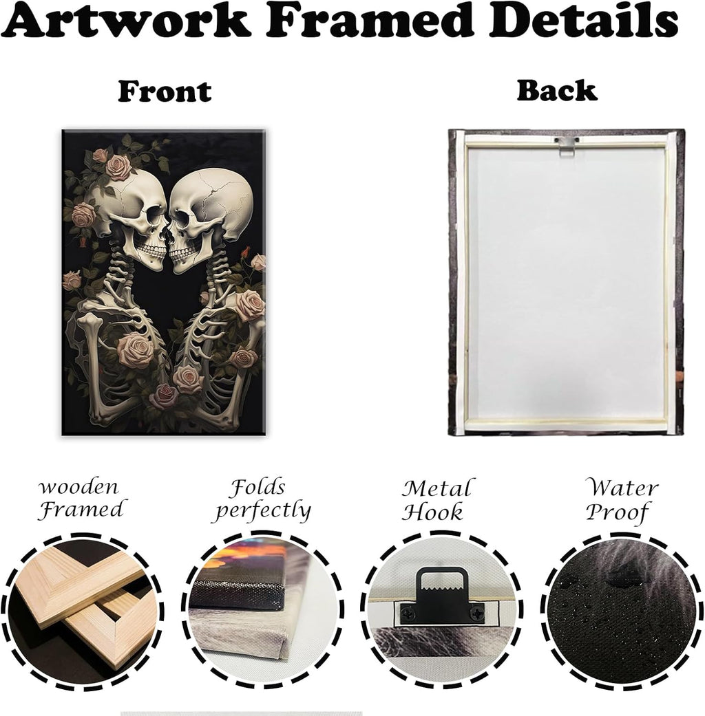 OAAPITI Vintage Skeleton Canvas Wall Art Gothic Painting Artwork Retro Rose Skull Art Poster Abstract Romantic Theme Picture Halloween Living Room Decor(Artwork-4,28'x42')
