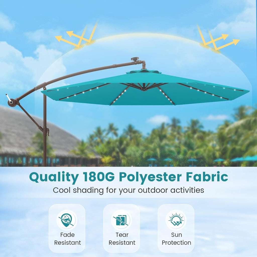 Tangkula 10FT Offset Patio Umbrella with Base Included, Outdoor Cantilever Umbrella with 40 Solar LED Lights, Tilt Adjustment, Crank Handle, Vented Top, Sand Bags for Pool Yard Deck (Turquoise)