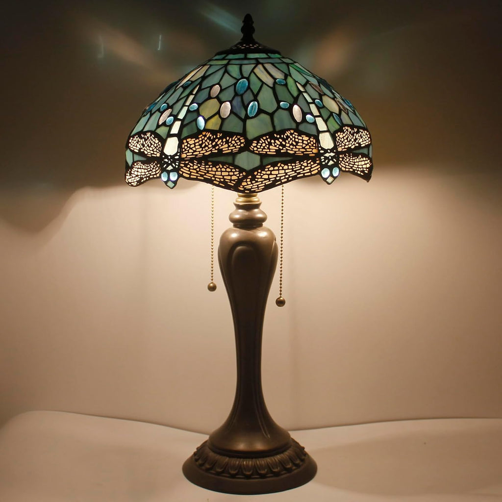 WERFACTORY Tiffany Table Lamp Sea Blue Stained Glass Dragonfly Style Bedside Lamp Desk Reading Light 12X12X22 Inches Decor Bedroom Living Room Home Office S147 Series