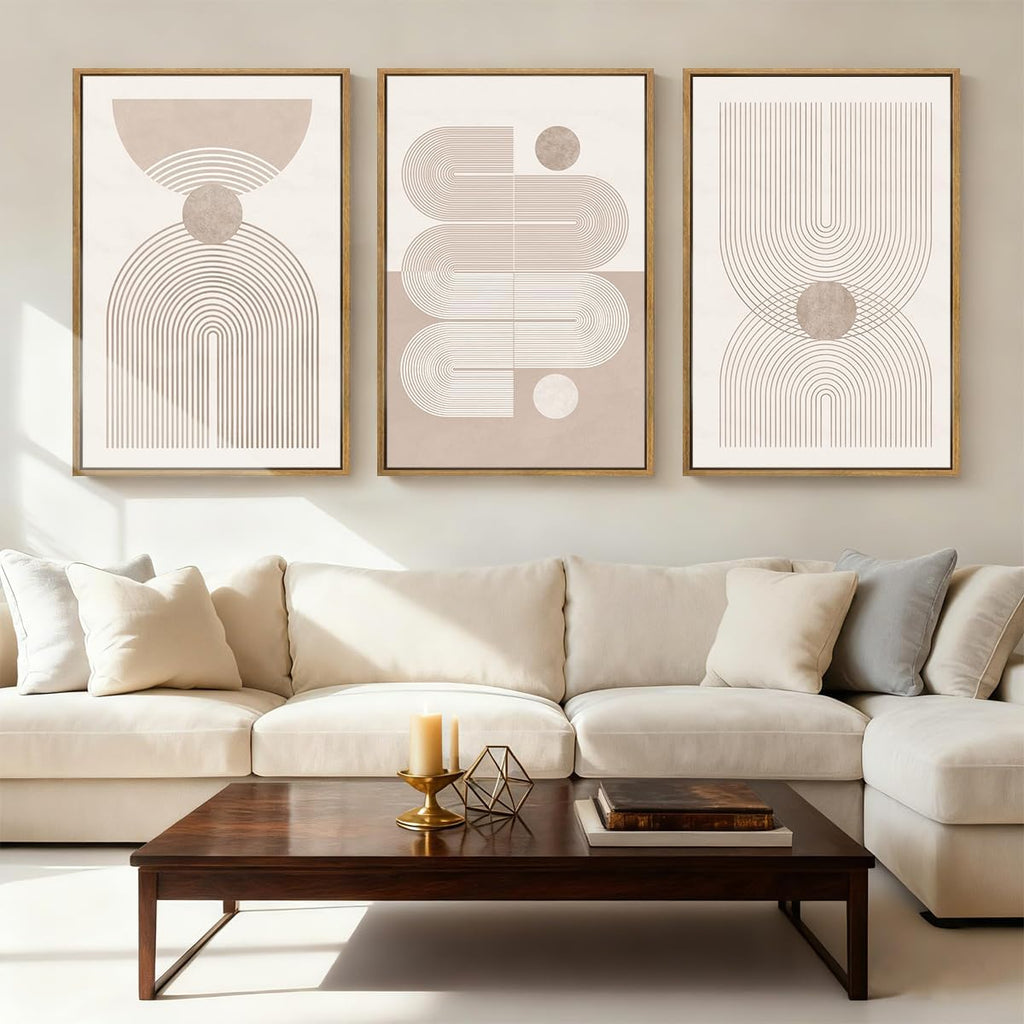 Anyzal Extra Large Boho Abstract Wall Art 24x36 Inch Framed Minimalist Neutral Canvas Wall Decor Pink White Modern Artwork for Living Room Bedroom Office Set of 3