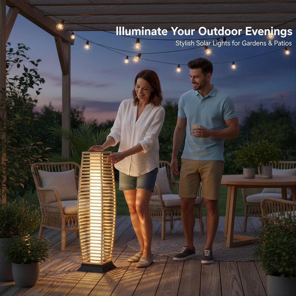Rattan Outdoor Floor Lamp Set of 2, Boho Solar Porch Lights Outdoor Waterproof for Patio, Garden, Balcony & Deck, Natural (Horizontal)