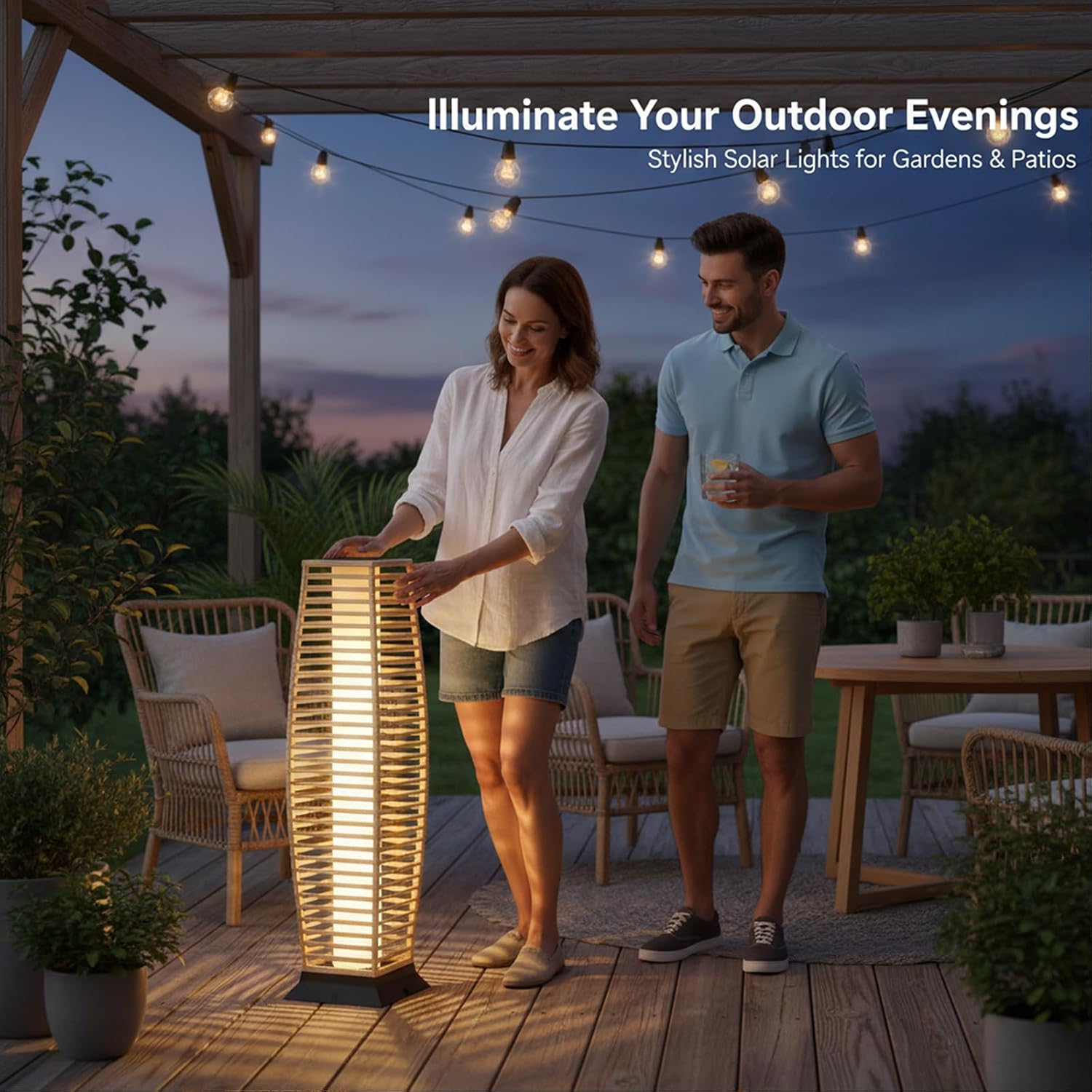 Rattan Outdoor Floor Lamp Set of 2, Boho Solar Porch Lights Outdoor Waterproof for Patio, Garden, Balcony & Deck, Natural (Horizontal)