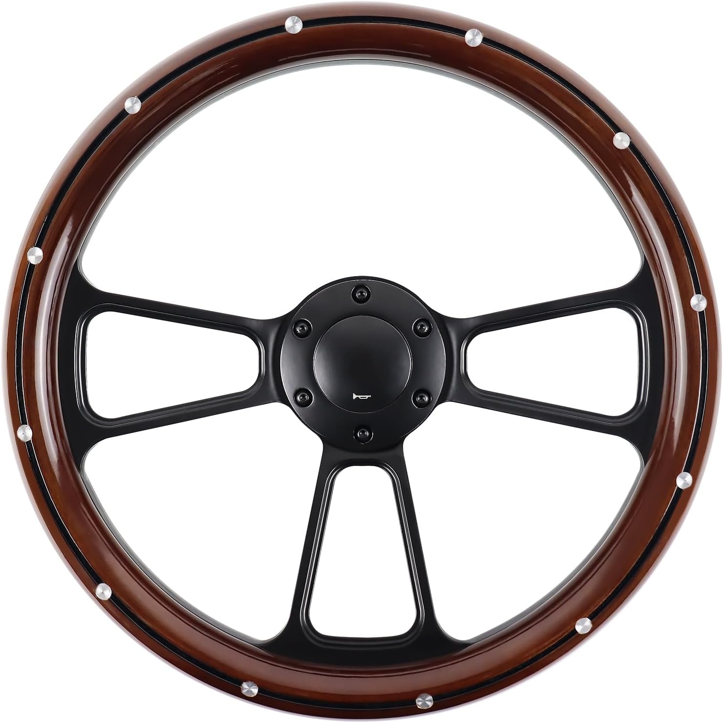 Universal Wooden Racing Steering Wheel 14 Inch 6 Bolt Black Aluminum 3 Spoke Rivet Steering Wheel with Horn Button for Racing/Rally/Motor Sports