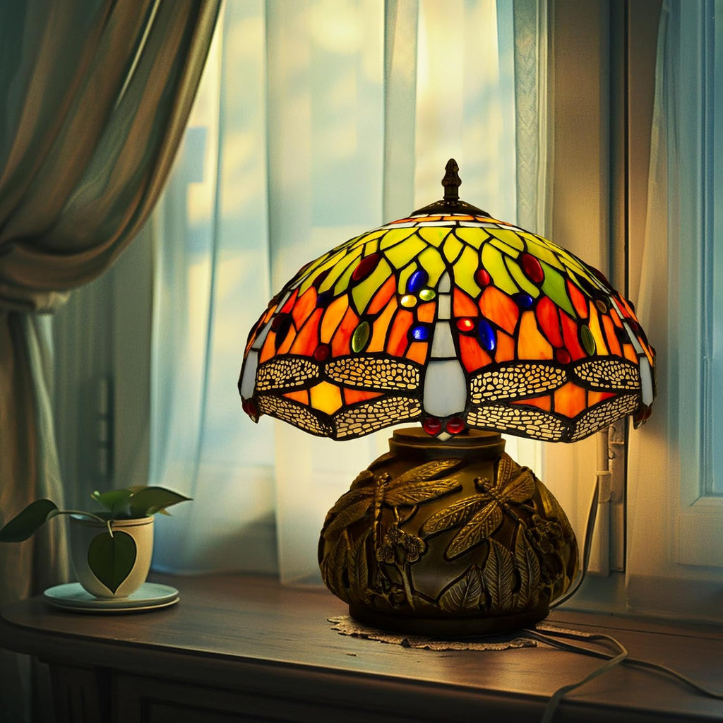 Tiffany Style Table Lamp Dragonfly, Small Stained Glass Lamp For Bedside, Bedroom, Nightstand, Living Room, 12 Inch Mini Vintage Mushroom Desk Lights Included E26 LED with Remote Control
