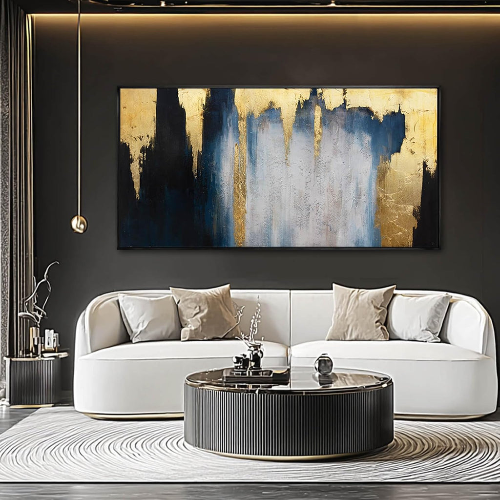 WINKAILIN Abstract Blue and Gold Wall Art with Black Frame Modern 24x48 Canvas Painting Large Artwork for Living Room Bedroom Office Home Decoration