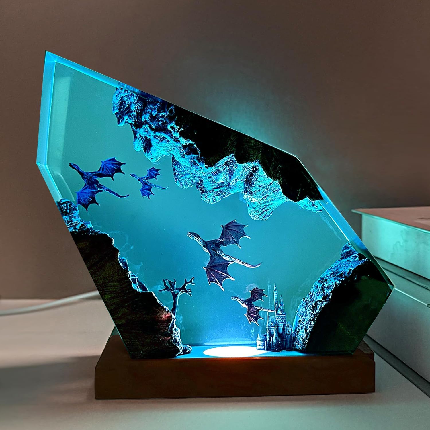 Resin Dragon Lamp,RGB Table Night Light with Wood Base, Handmade Resin Art Piece Brithday Valentine's Gifts for Women & Men,Dragon Gifts for Dungeons,Gamer (M,8'x5')