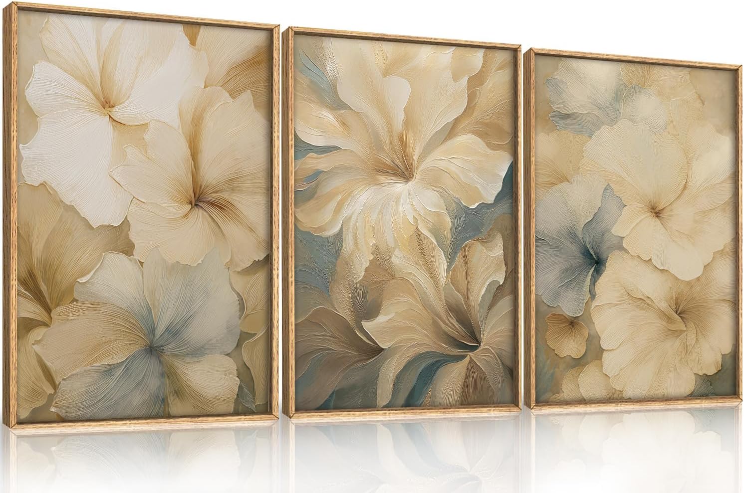 KAIRNE Neutral Beige Flower Framed Canvas Wall Art Set, Modern Magnolia Floral Wall Decor,Aesthetic Warm Wildflower Art Prints,Boho Botanical Artwork for Living Room,Bedroom,Farmhouse,Office-24'x36'x3