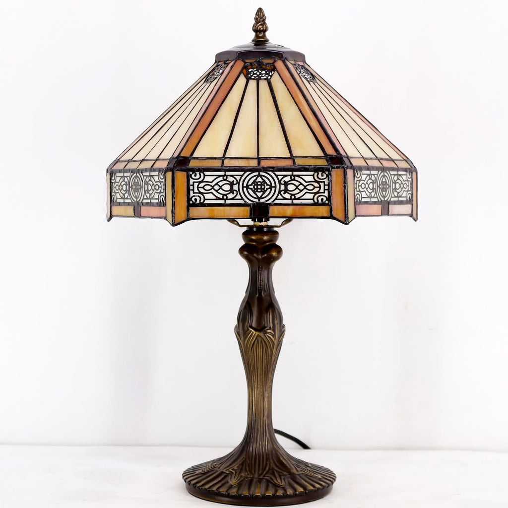WERFACTORY Tiffany Lamp Yellow Hexagon Stained Glass Mission Style Table Lamp Desk Bedside Reading Light 12X10X18 Inches Decor Bedroom Living Room Home Office S011 Series