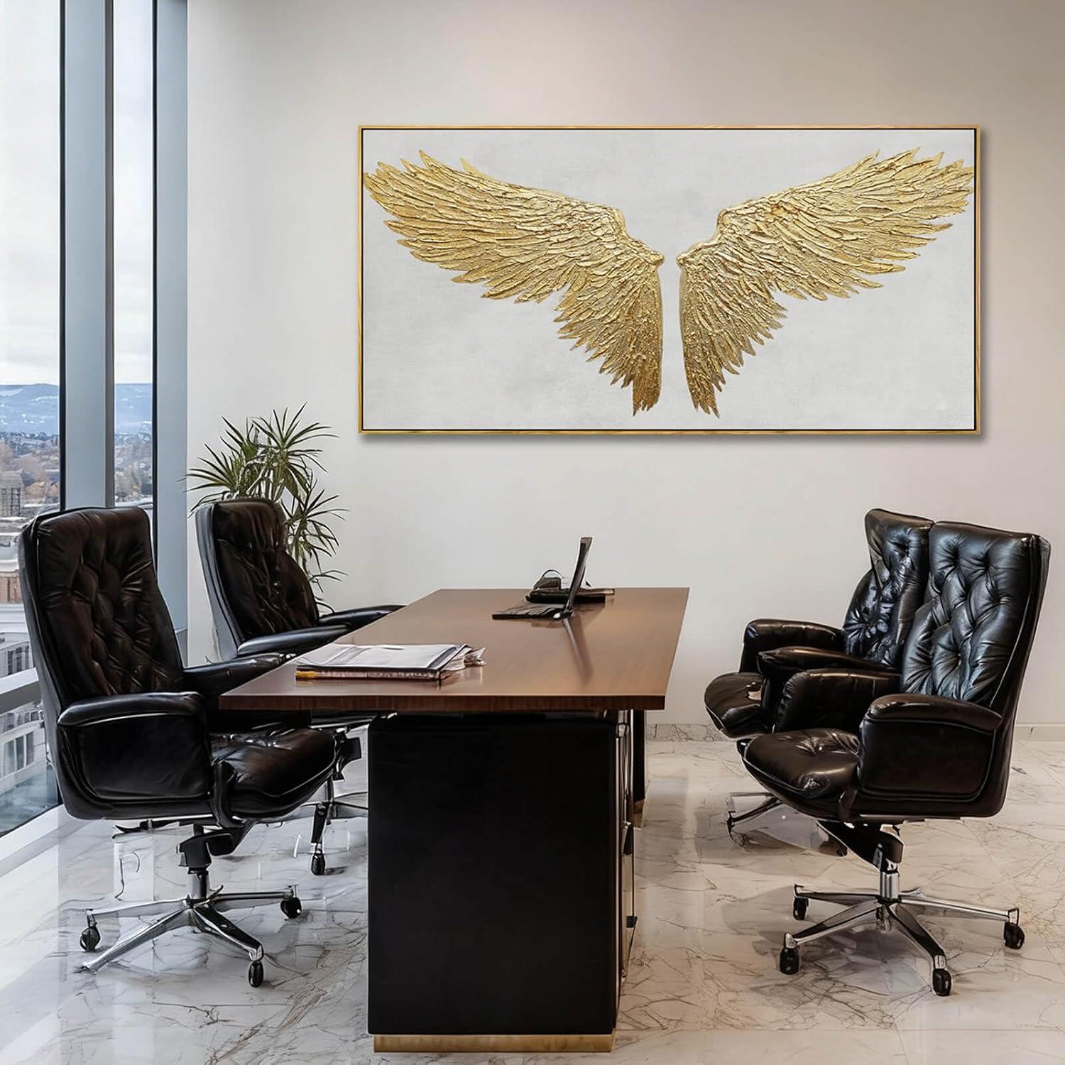 Abstract Wall Art Gold and White Pictures Wall Decor for Living Room Bird Minimalist Art Framed Canvas Artwork for Office Dining Room 24x48 Inch