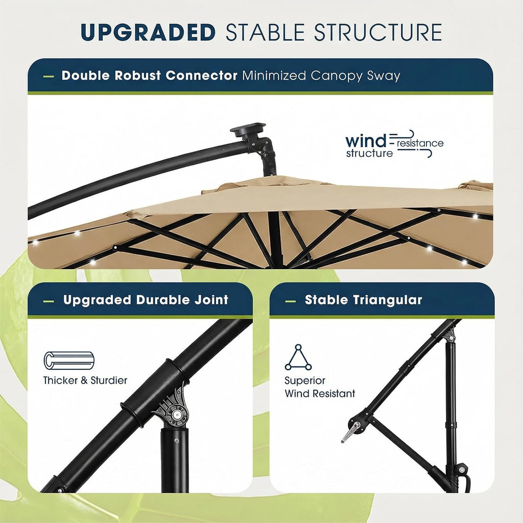 wikiwiki 10ft Solar LED Patio Umbrella with Base Included, Offset Umbrella with Weighted Sandbag Base, Cantilever Patio Umbrellas for Backyard, Garden & Deck, 32 LED Lights & Polyester Shade, Tan