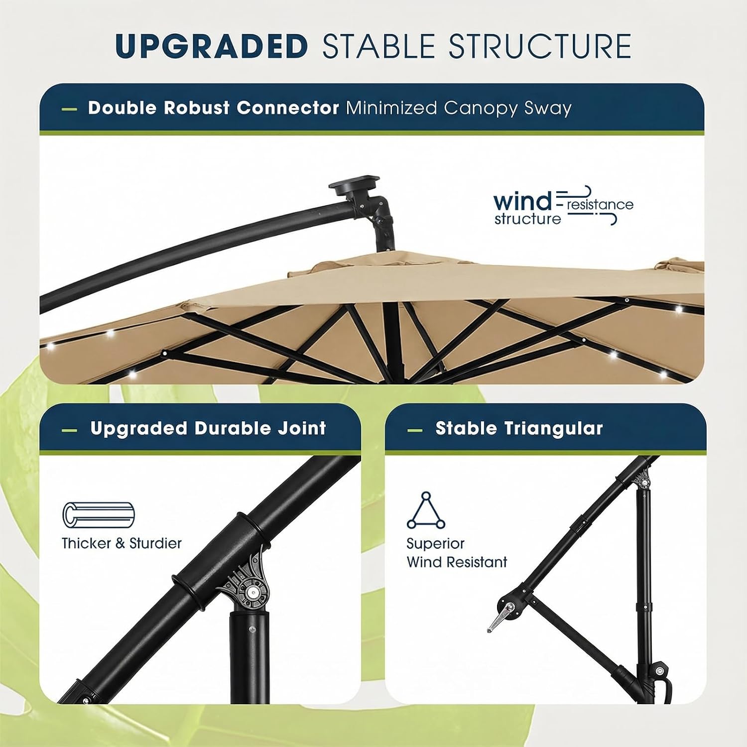 wikiwiki 10ft Solar LED Patio Umbrella with Base Included, Offset Umbrella with Weighted Sandbag Base, Cantilever Patio Umbrellas for Backyard, Garden & Deck, 32 LED Lights & Polyester Shade, Tan