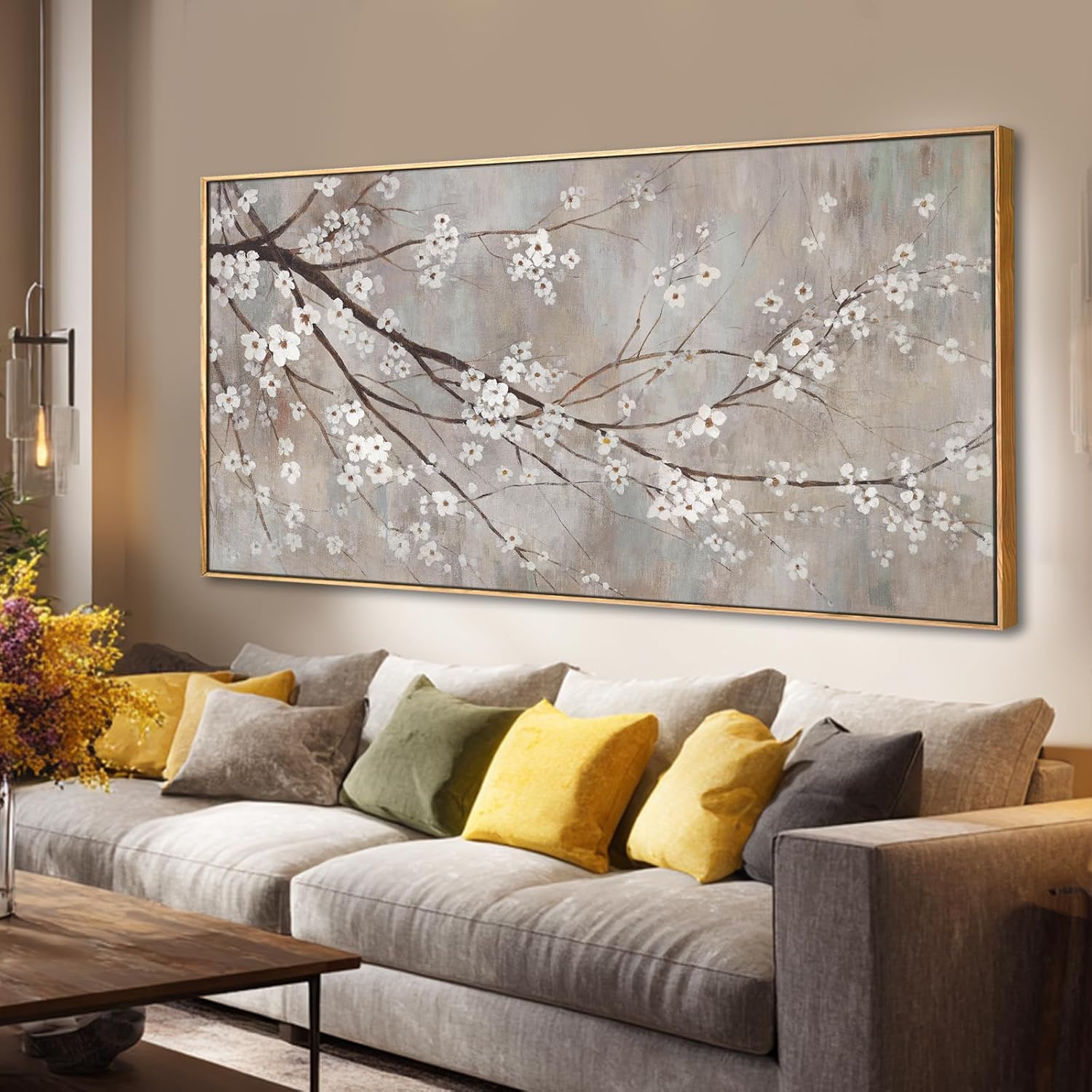 Flowers Wall Art Grey Pictures Wall Painting Large Framed Canvas Art Landscape Artwork for Dining Room Home 29'x 58' Ready to Hang