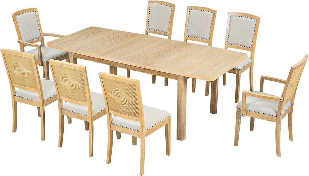 9-piece Rustic Extendable Dining Table Set with 24'' Removable Leaf, 6 Upholstered Rivet Decoration Armless Dining Chairs and 2 Arm Chairs, Wood Kitchen Dining Set for 8, Curved Top (Natural-9S)