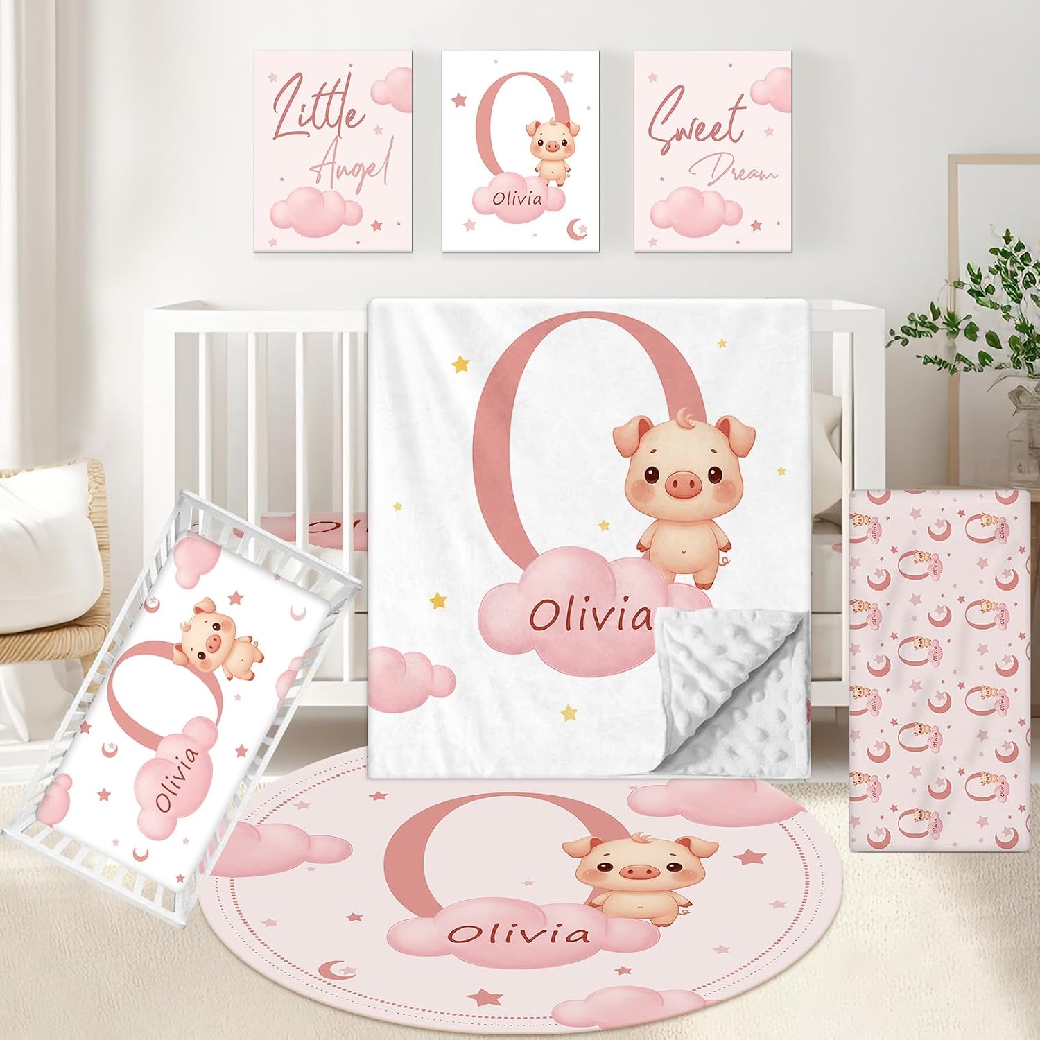 KAINSY Custom Crib Bedding Set, 5 Pcs Personalized Name Monogram Baby Crib Sets for Infants Toddlers, Pink Pig Nursery Bedding Set for Boys Girls, Double Layer Baby Bedding Sets Customized Gifts