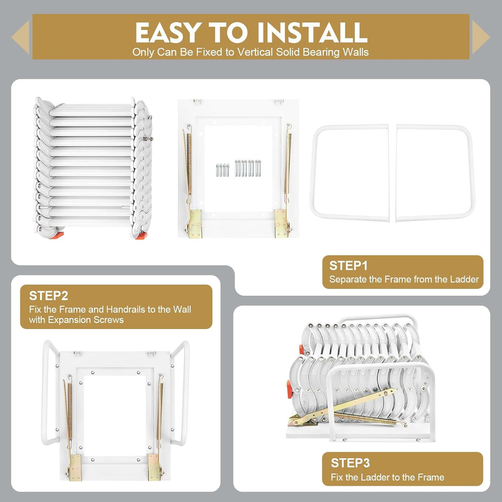 12 Steps Attic Ladder, Wall Mounted Pull Down Loft Steps Folding Stairs, 9.5-10.1Ft Height Aluminum Alloy Narrow Attic Extension Ladder w/Armrests for Basements Warehouses (12, White2)